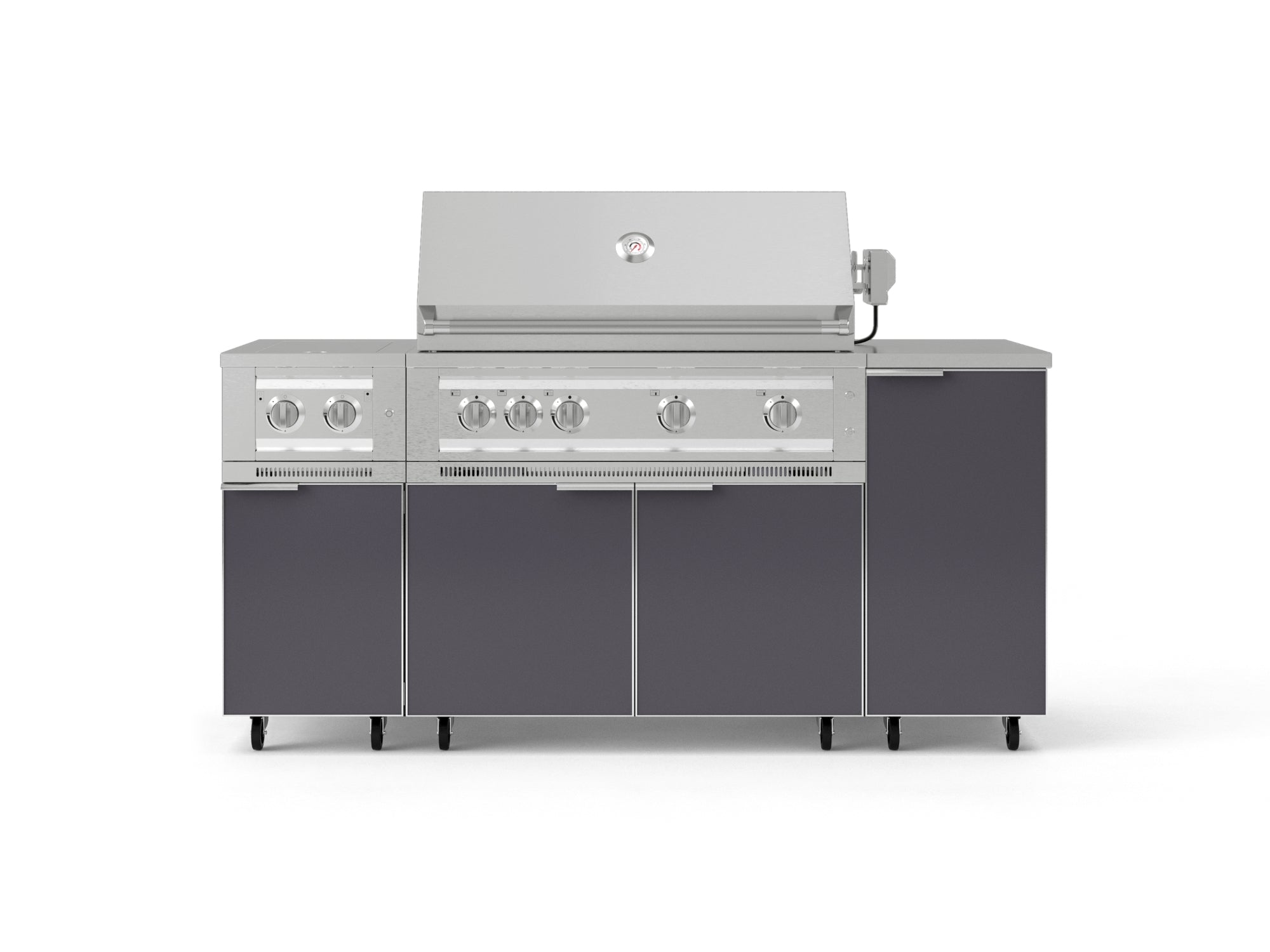 Outdoor Grill Island Aluminum 6 Piece Cabinet Set with Casters and 1-Door, Grill Cabinet, Platinum Grill, Dual Side Burner, Countertop