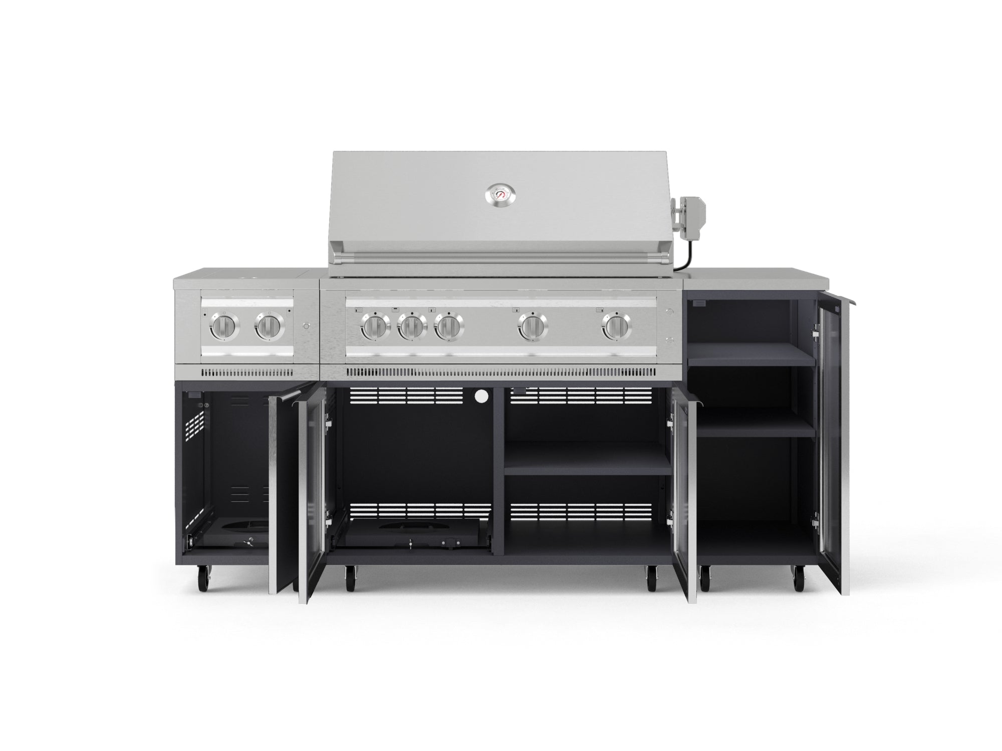 Outdoor Grill Island Aluminum 6 Piece Cabinet Set with Casters and 1-Door, Grill Cabinet, Platinum Grill, Dual Side Burner, Countertop