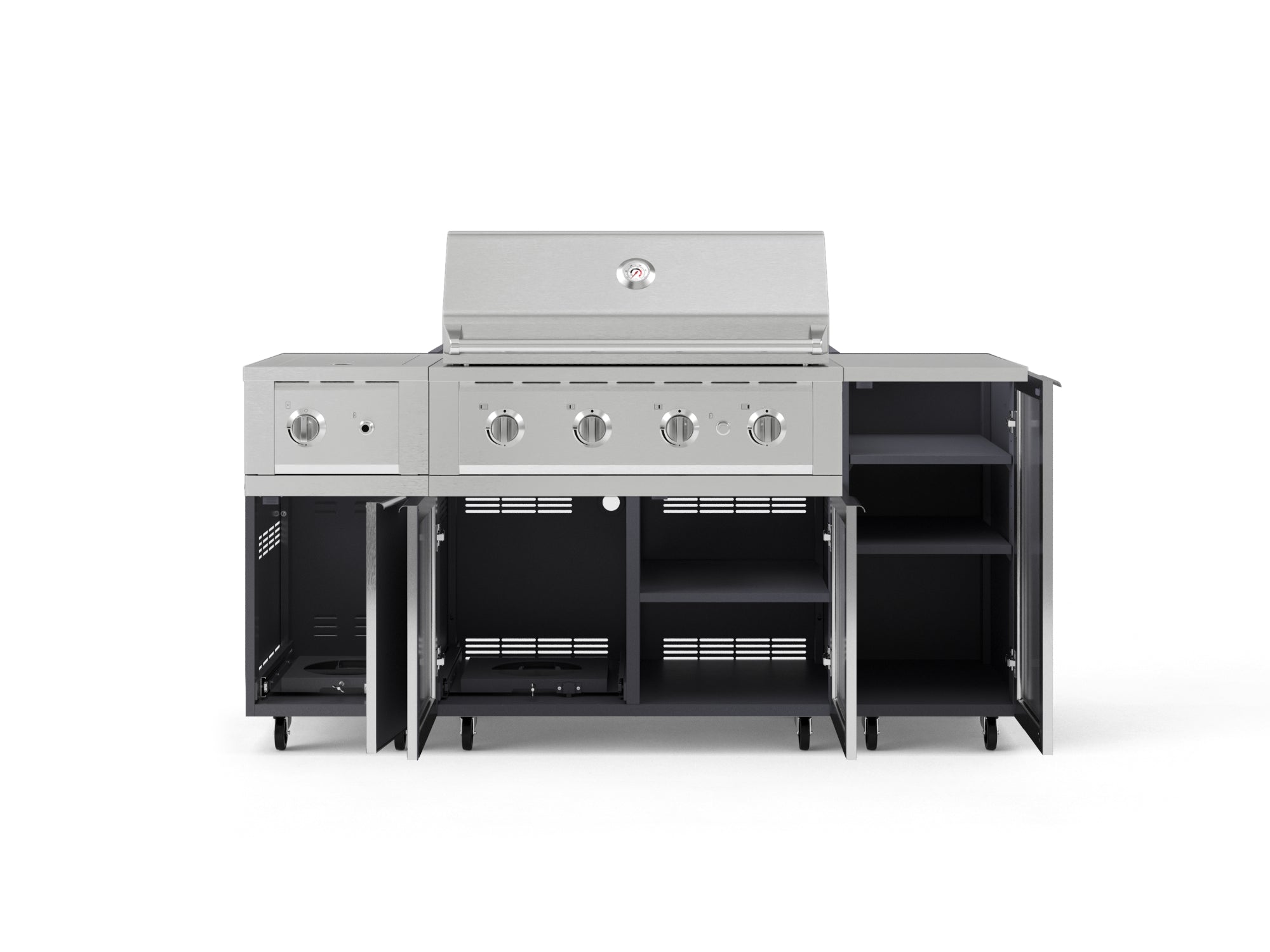 Outdoor Grill Island Aluminum 6 Piece Cabinet Set with Casters and 1-Door, Grill Cabinet, Performance Grill, Side Burner, Countertop