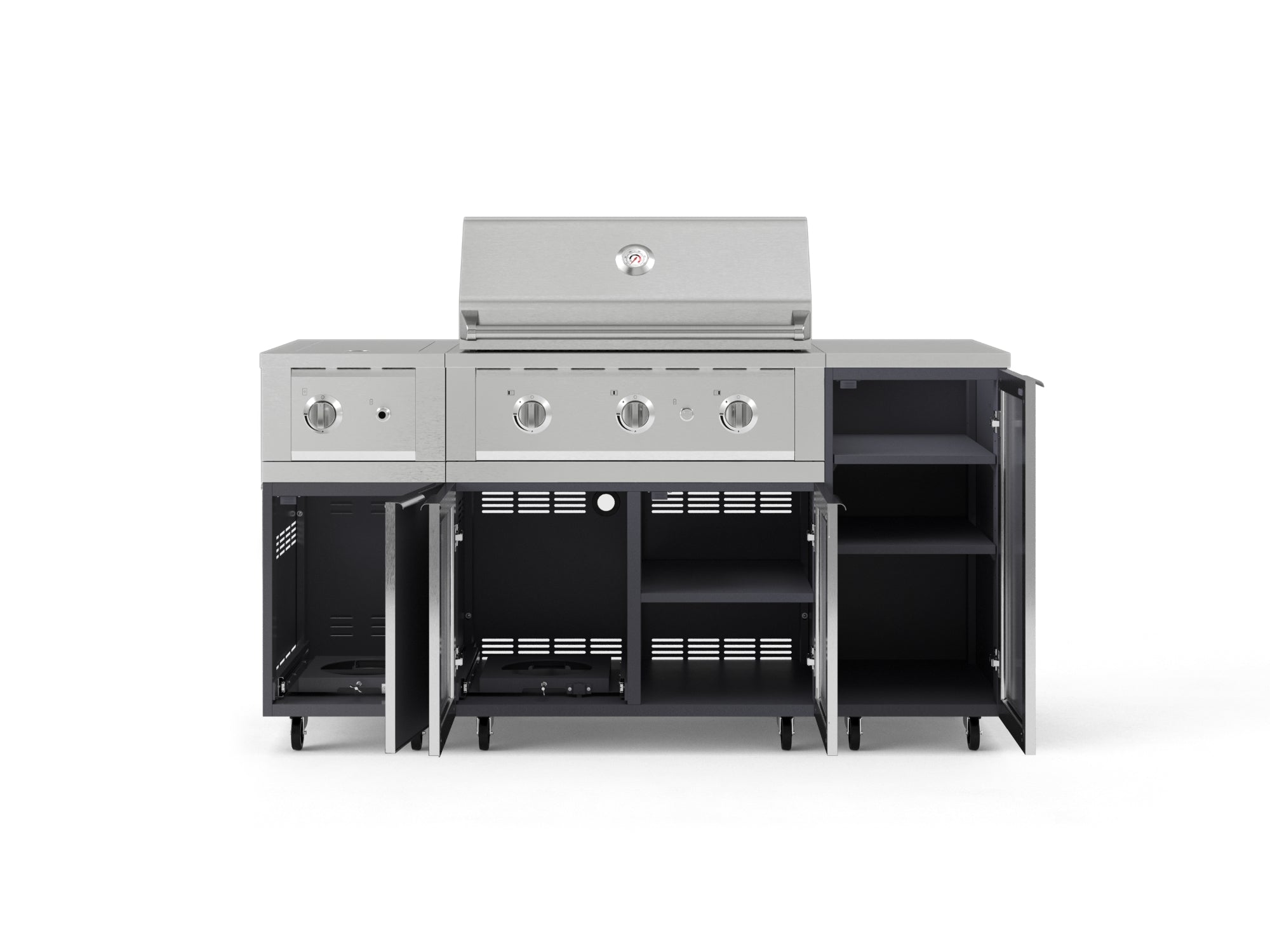 Outdoor Grill Island Aluminum 6 Piece Cabinet Set with Casters and 1-Door, Grill Cabinet, Performance Grill, Side Burner, Countertop