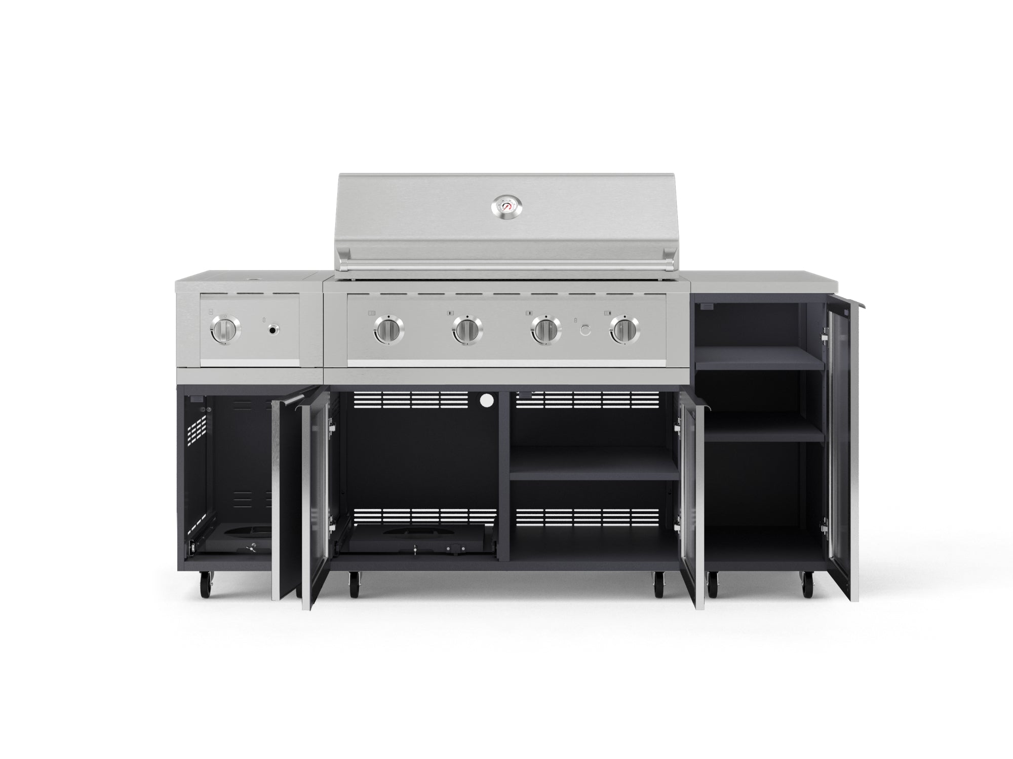 Outdoor Grill Island Aluminum 6 Piece Cabinet Set with Casters and 1-Door, Grill Cabinet, Performance Grill, Side Burner, Countertop