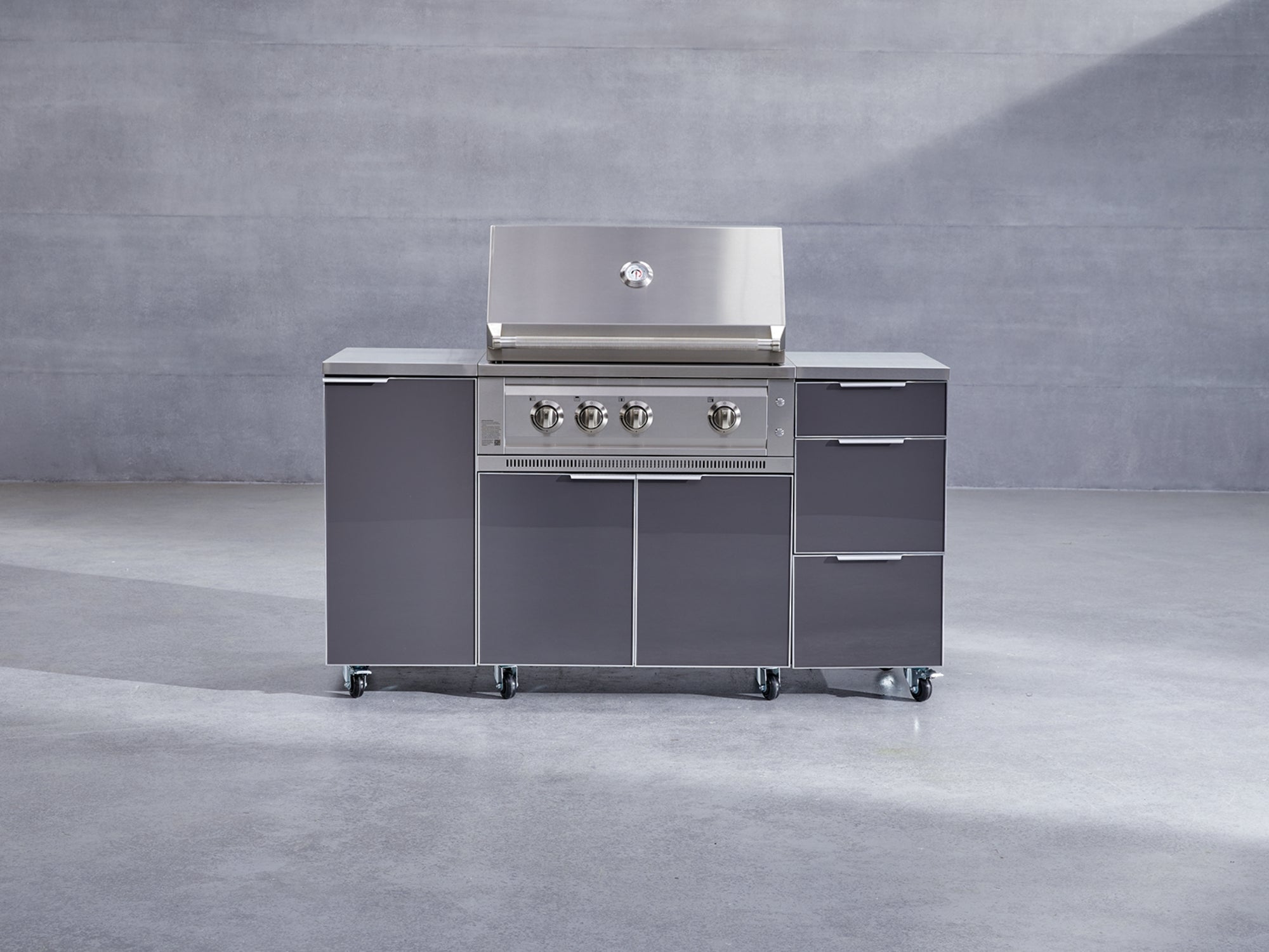 Outdoor Grill Island Aluminum 6 Piece Cabinet Set with Casters and 1-Door, Grill Cabinet, Performance Grill, Side Burner, Countertop
