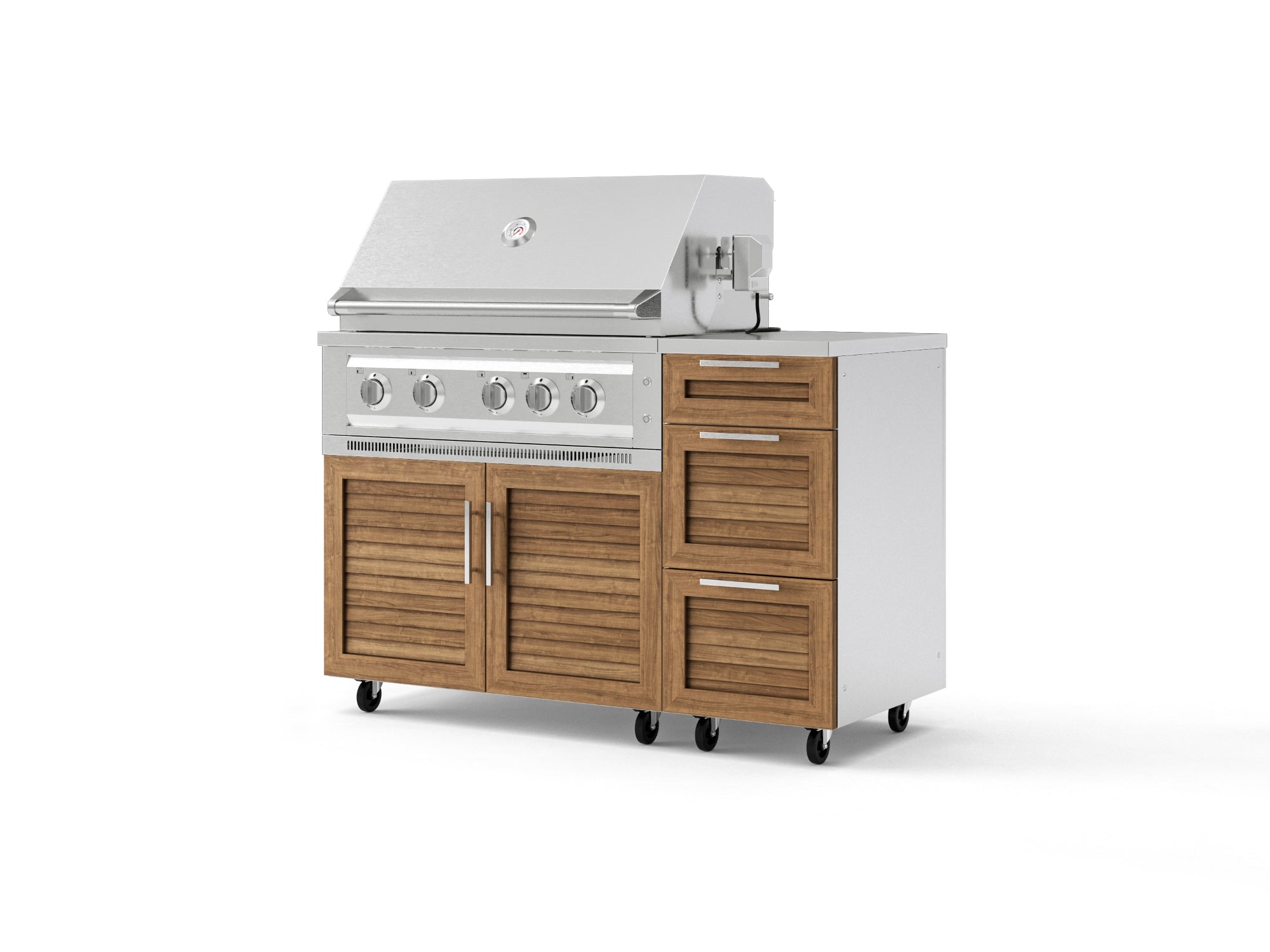 Outdoor Grill Island Stainless-Steel Louvered Doors 4 Piece Cabinet Set with Casters and 3-Drawer, Grill Cabinet, Platinum Grill, Countertop