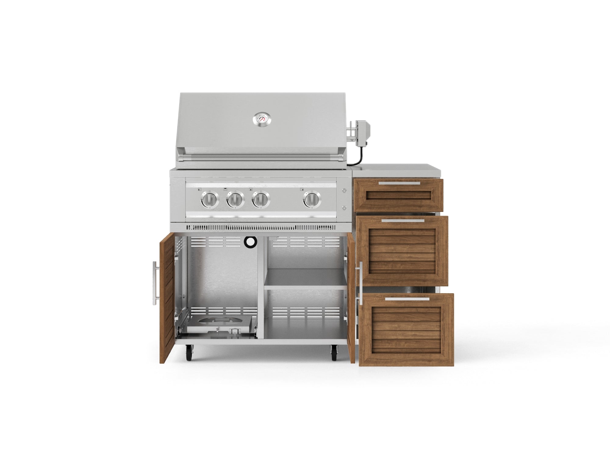 Outdoor Grill Island Stainless-Steel Louvered Doors 4 Piece Cabinet Set with Casters and 3-Drawer, Grill Cabinet, Platinum Grill, Countertop