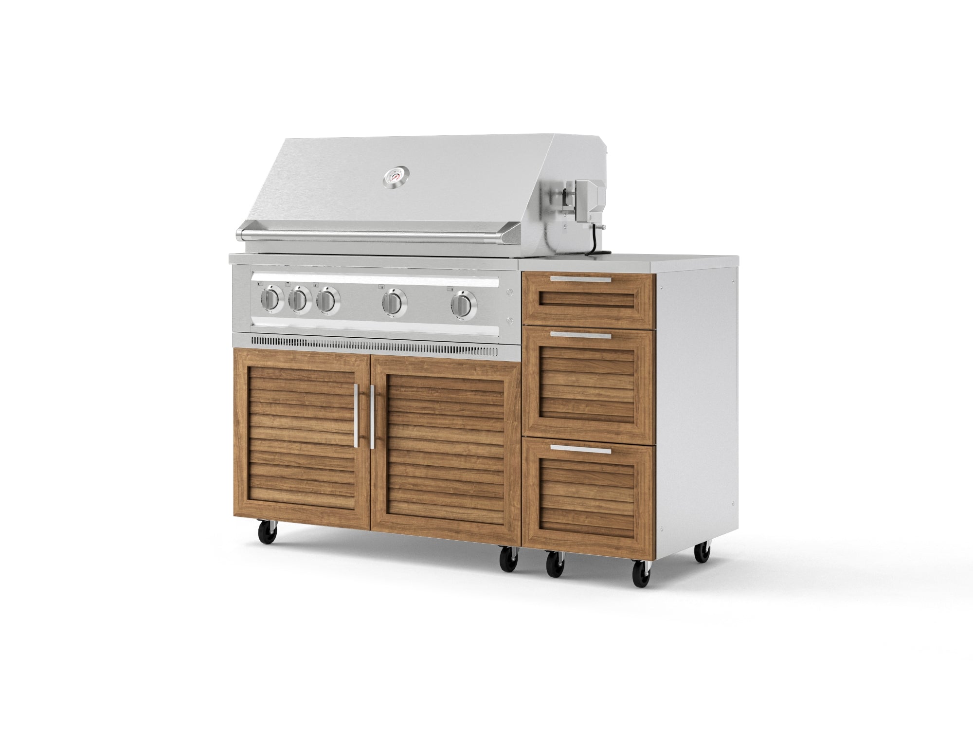Outdoor Grill Island Stainless-Steel Louvered Doors 4 Piece Cabinet Set with Casters and 3-Drawer, Grill Cabinet, Platinum Grill, Countertop