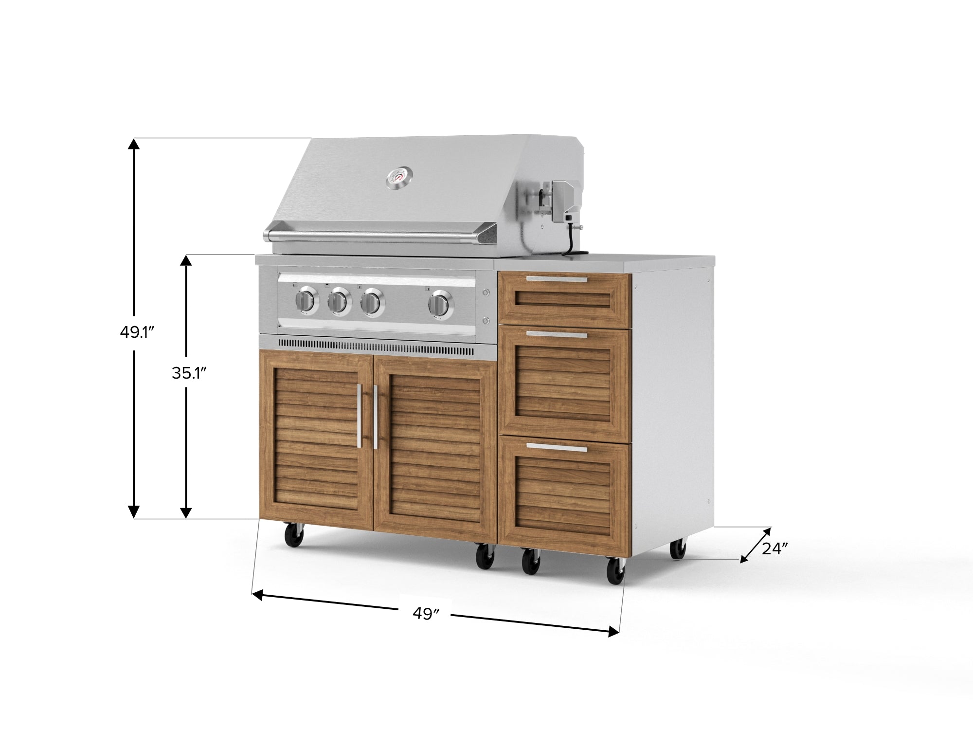 Outdoor Grill Island Stainless-Steel Louvered Doors 4 Piece Cabinet Set with Casters and 3-Drawer, Grill Cabinet, Platinum Grill, Countertop