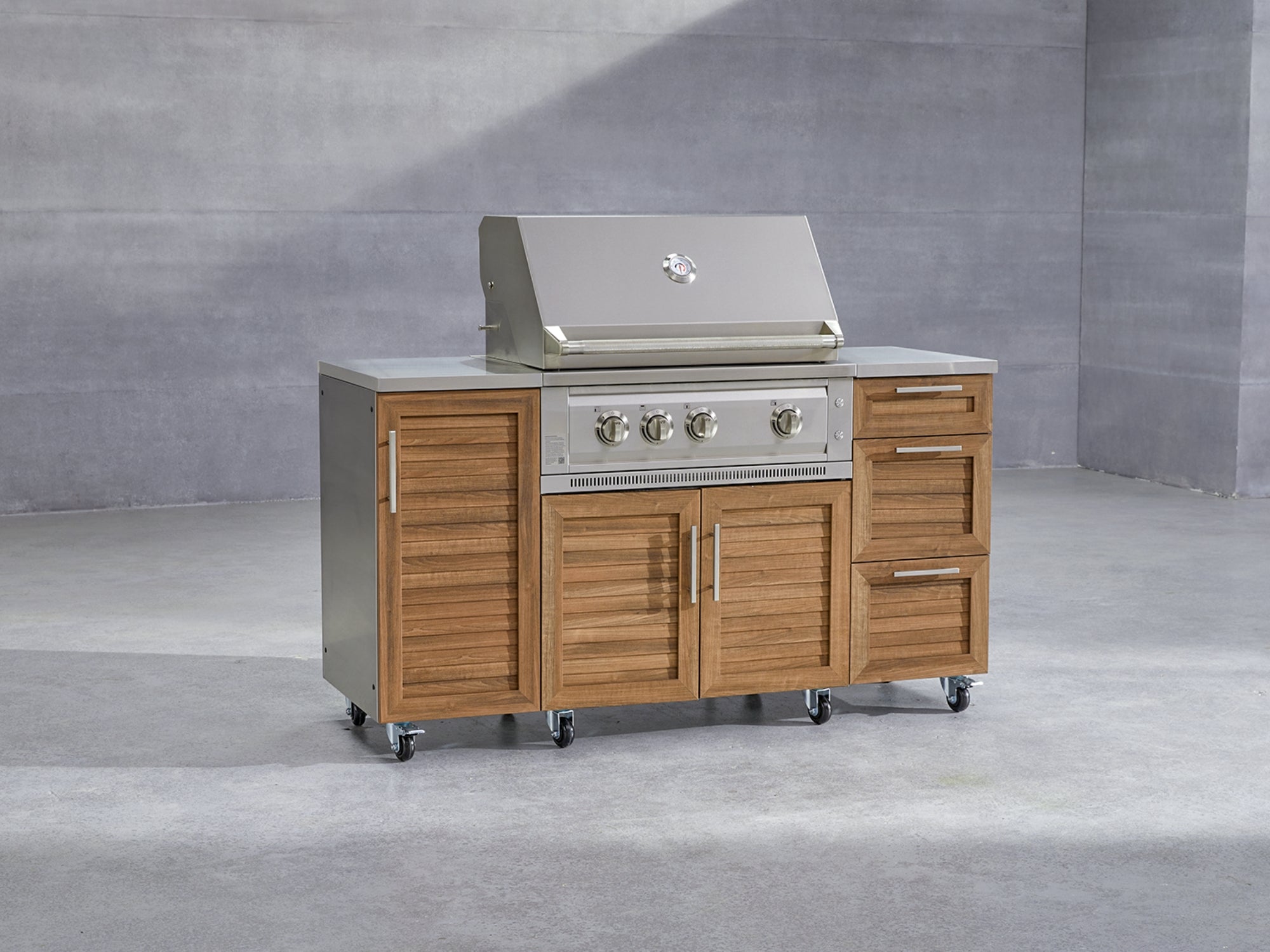 Outdoor Grill Island Stainless-Steel Louvered Doors 4 Piece Cabinet Set with Casters and 3-Drawer, Grill Cabinet, Platinum Grill, Countertop