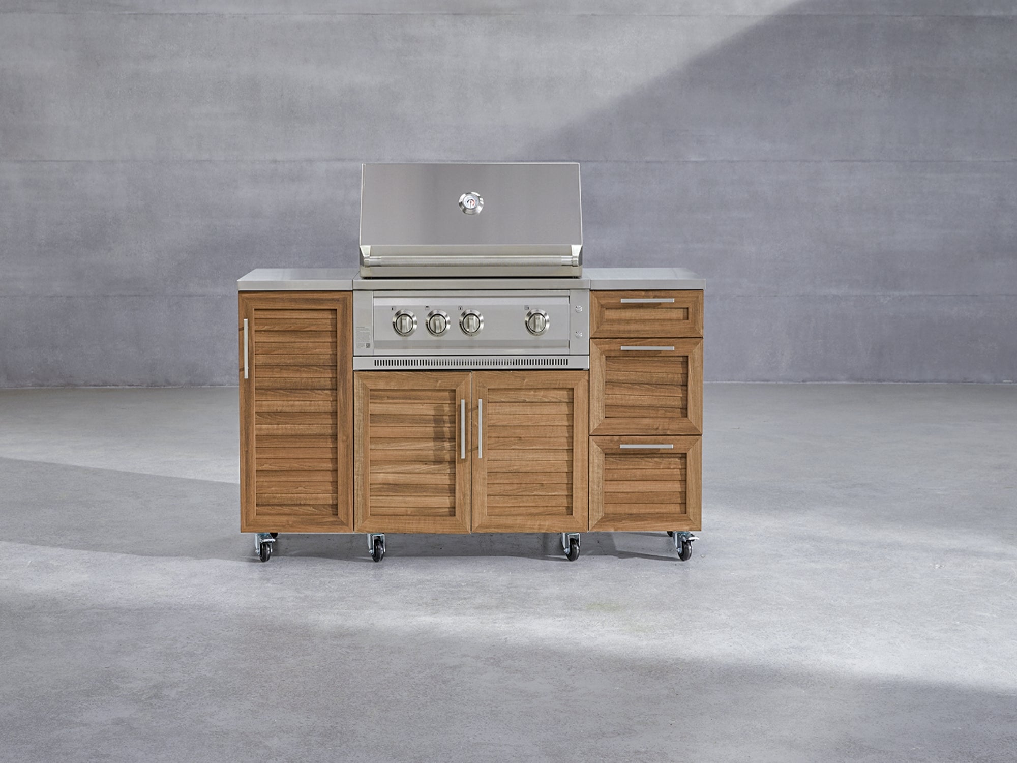 Outdoor Grill Island Stainless-Steel Louvered Doors 4 Piece Cabinet Set with Casters and 3-Drawer, Grill Cabinet, Platinum Grill, Countertop