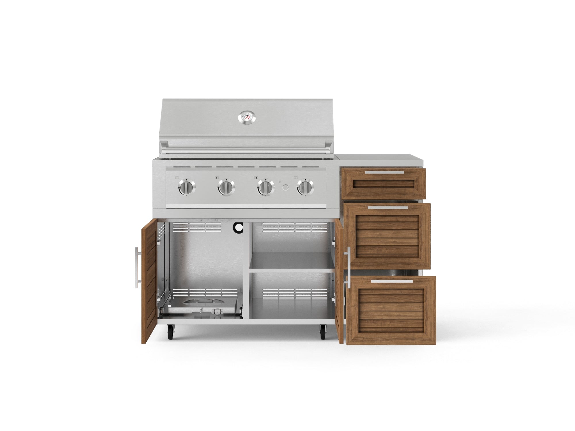 Outdoor Grill Island Stainless-Steel Louvered Doors 4 Piece Cabinet Set with Casters and 3-Drawer, Grill Cabinet, Performance Grill, Countertop