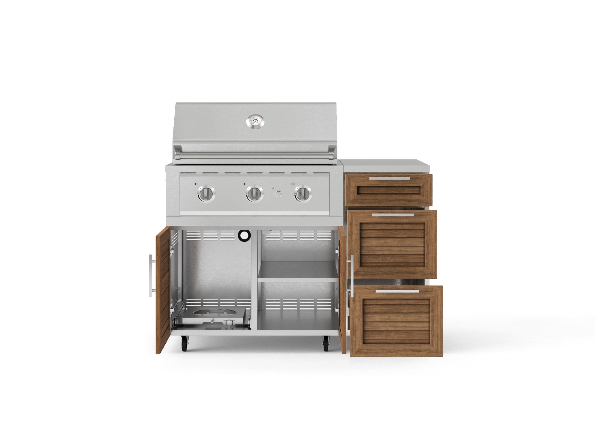 Outdoor Grill Island Stainless-Steel Louvered Doors 4 Piece Cabinet Set with Casters and 3-Drawer, Grill Cabinet, Performance Grill, Countertop