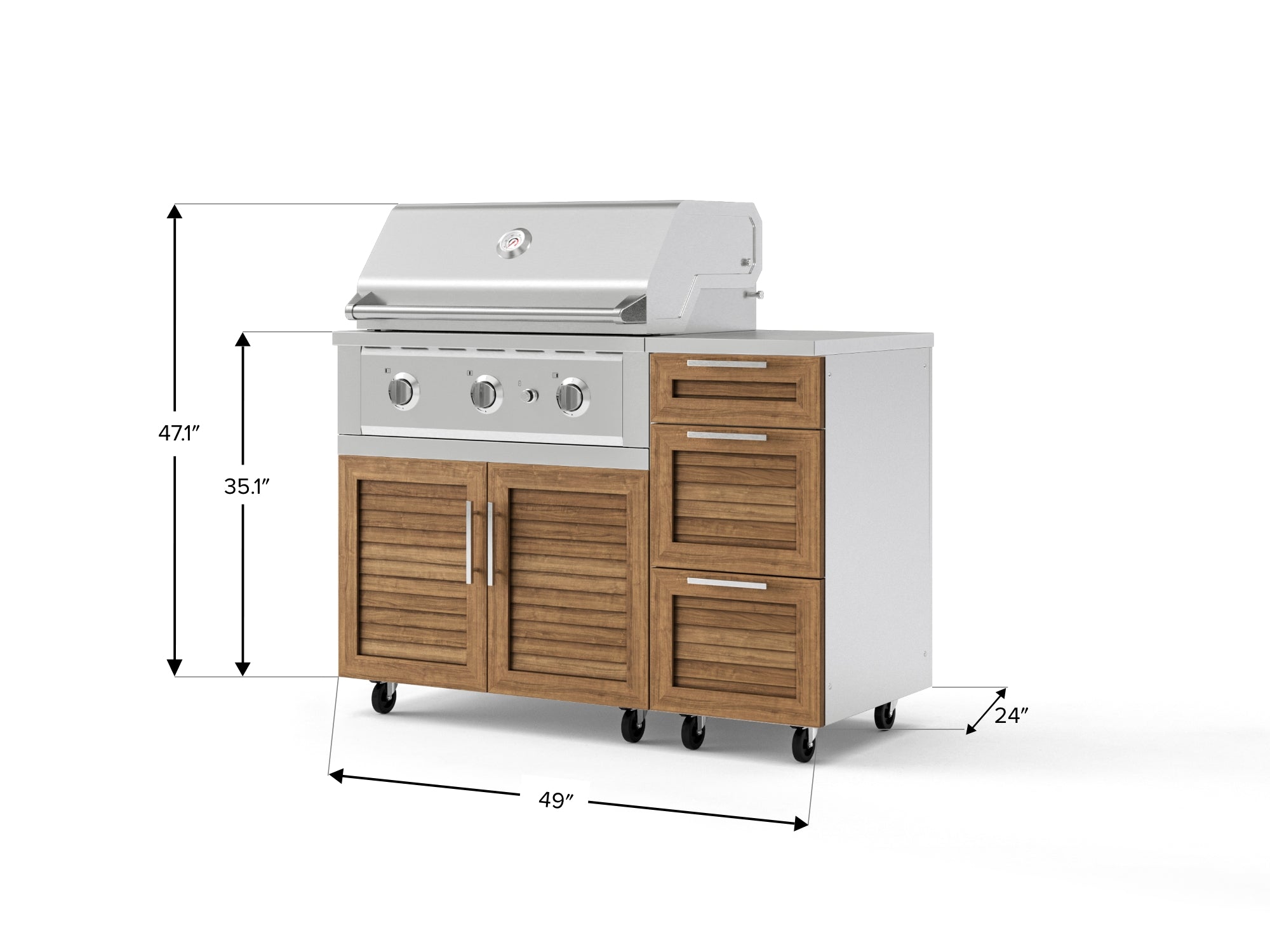 Outdoor Grill Island Stainless-Steel Louvered Doors 4 Piece Cabinet Set with Casters and 3-Drawer, Grill Cabinet, Performance Grill, Countertop
