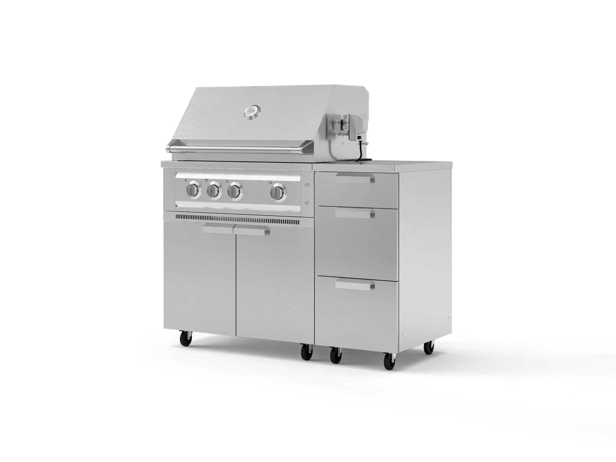 Outdoor Grill Island Stainless-Steel 4 Piece Cabinet Set with Casters and 3-Drawer, Grill Cabinet, Platinum Grill, Countertop