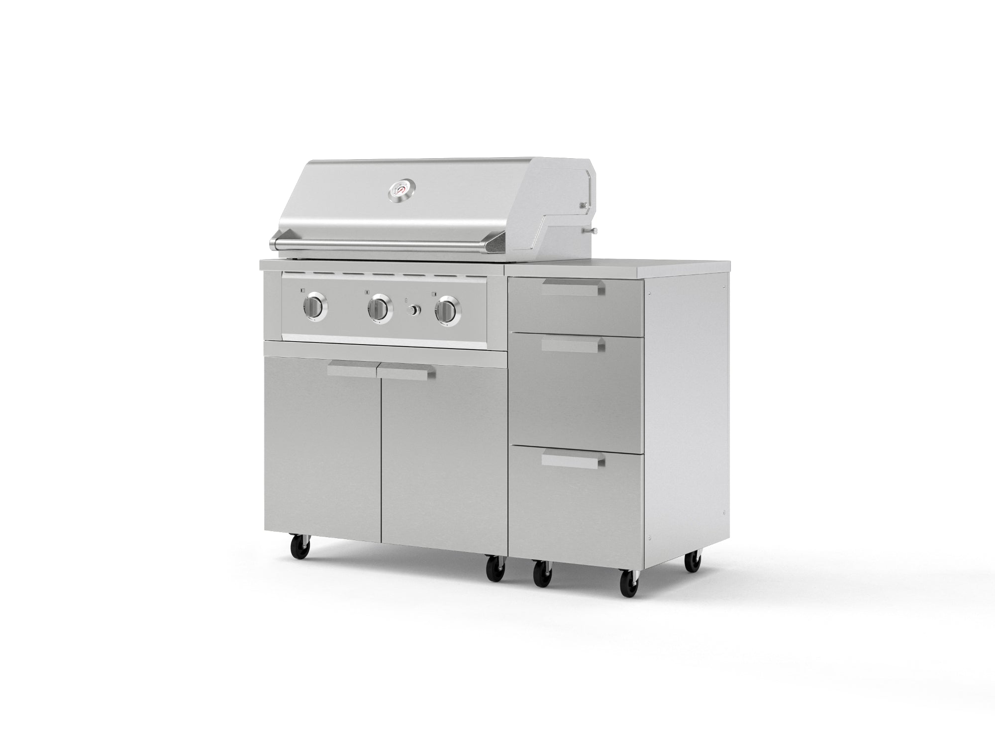 Outdoor Grill Island Stainless-Steel 4 Piece Cabinet Set with Casters and 3-Drawer, Grill Cabinet, Performance Grill, Countertop