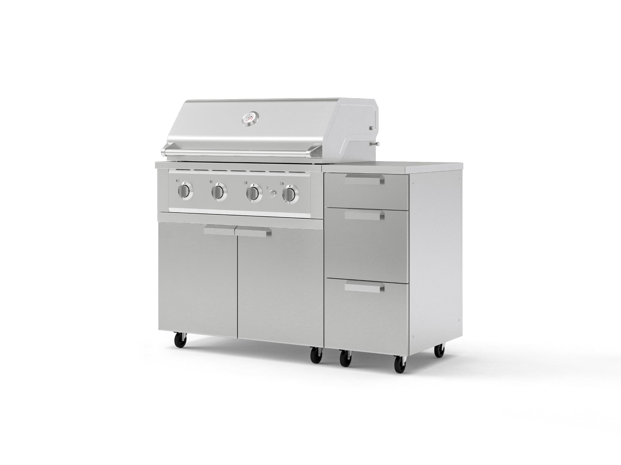 Outdoor Grill Island Stainless-Steel 4 Piece Cabinet Set with Casters and 3-Drawer, Grill Cabinet, Performance Grill, Countertop