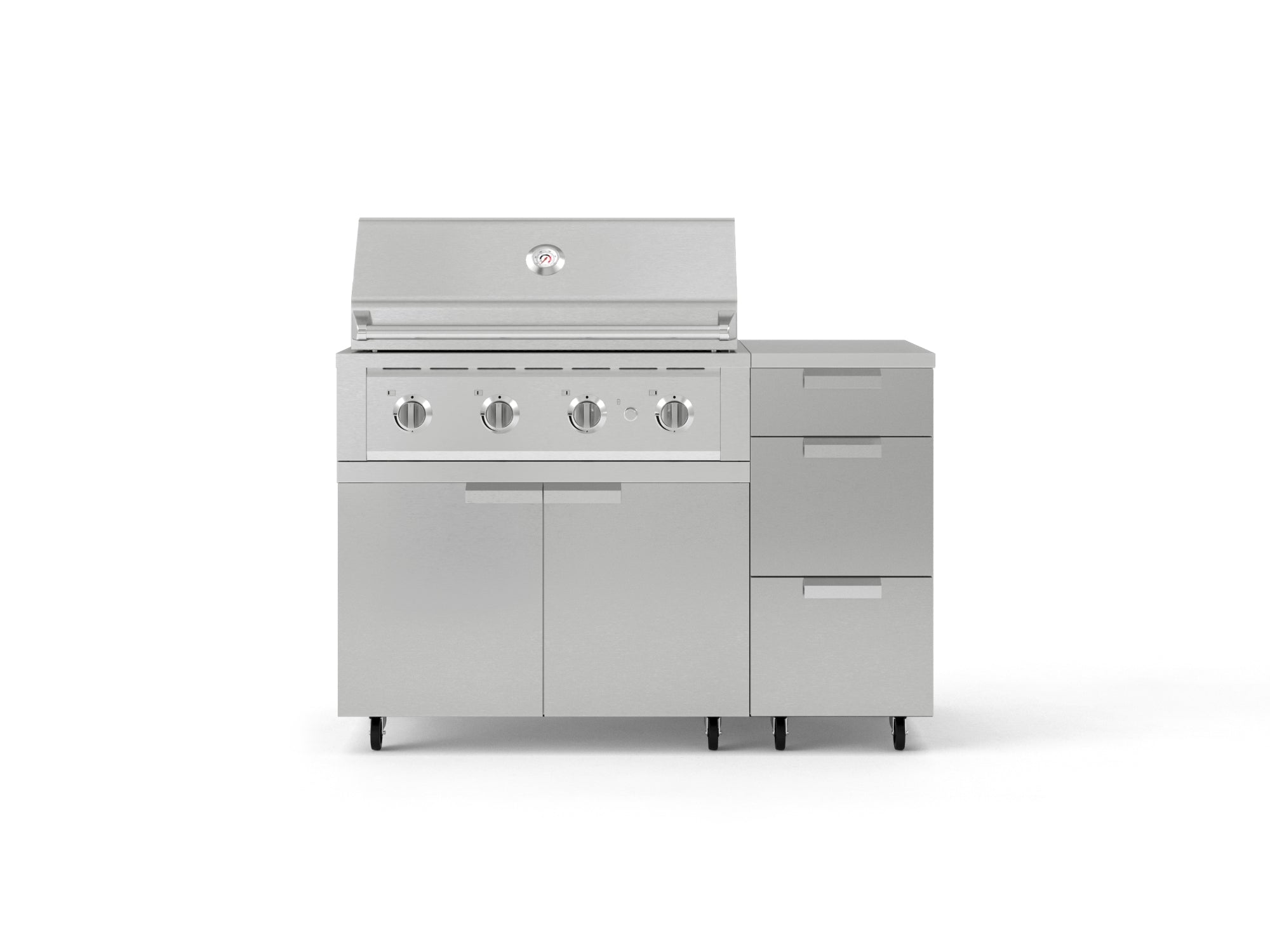 Outdoor Grill Island Stainless-Steel 4 Piece Cabinet Set with Casters and 3-Drawer, Grill Cabinet, Performance Grill, Countertop