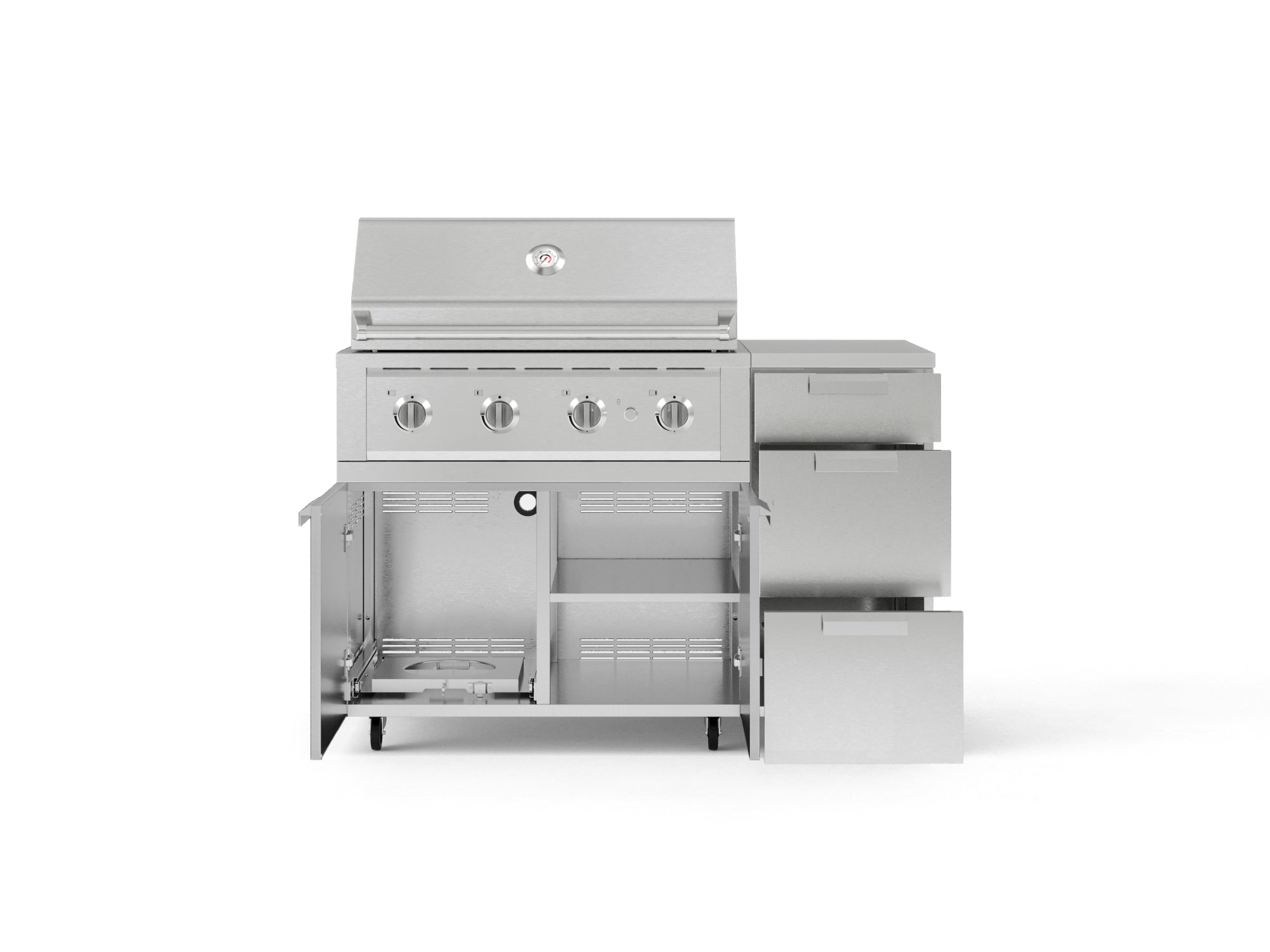 Outdoor Grill Island Stainless-Steel 4 Piece Cabinet Set with Casters and 3-Drawer, Grill Cabinet, Performance Grill, Countertop