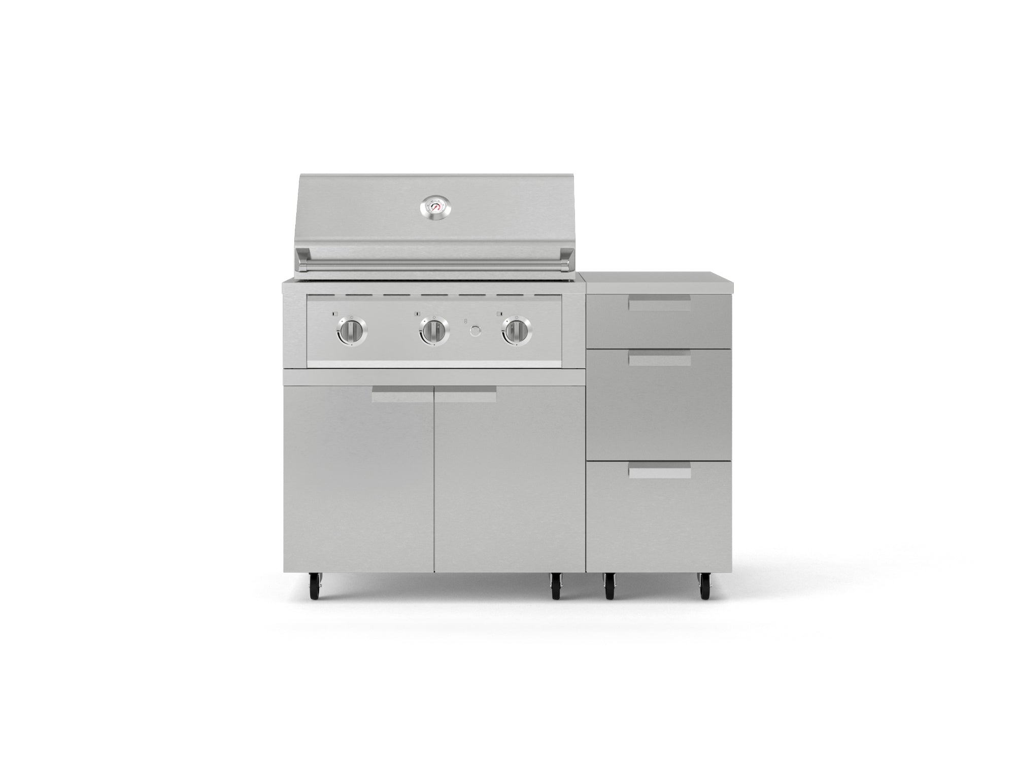 Outdoor Grill Island Stainless-Steel 4 Piece Cabinet Set with Casters and 3-Drawer, Grill Cabinet, Performance Grill, Countertop