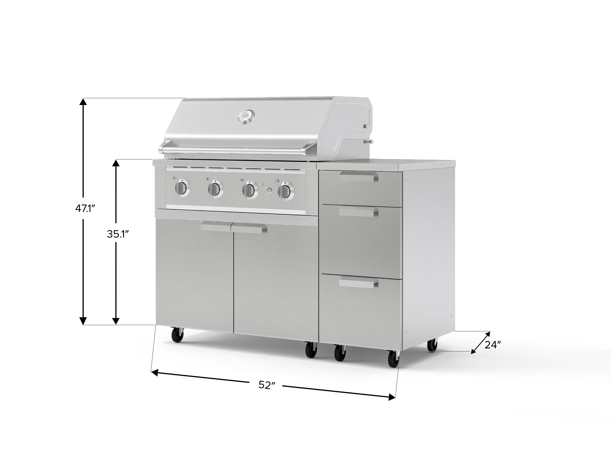 Outdoor Grill Island Stainless-Steel 4 Piece Cabinet Set with Casters and 3-Drawer, Grill Cabinet, Performance Grill, Countertop