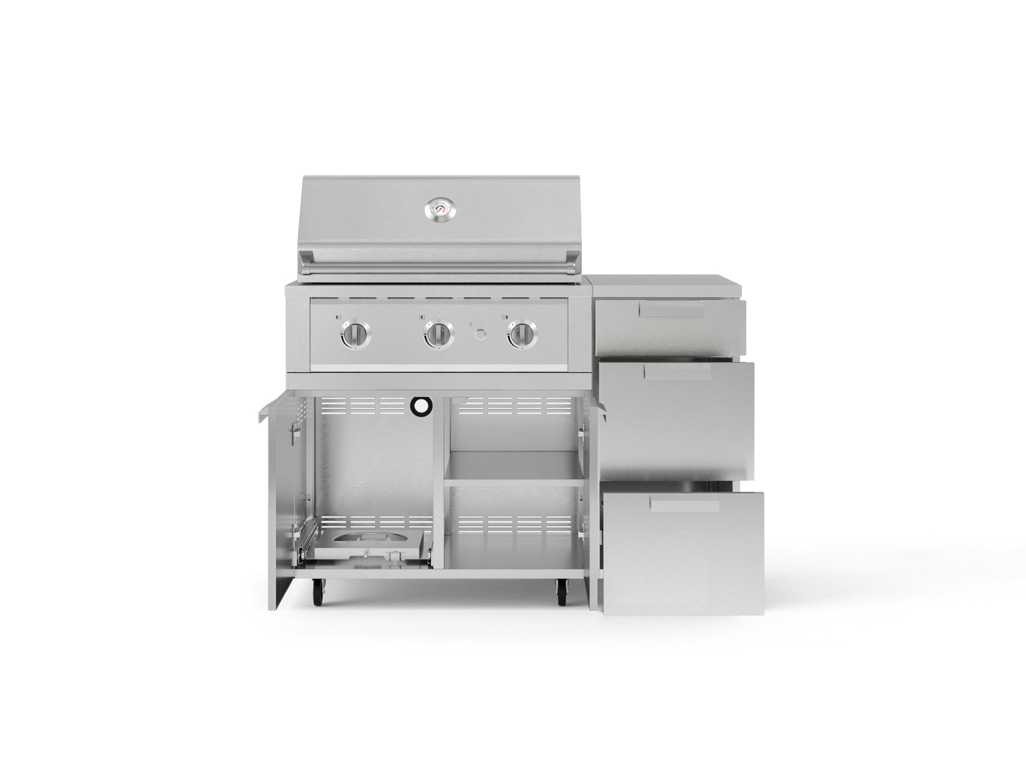 Outdoor Grill Island Stainless-Steel 4 Piece Cabinet Set with Casters and 3-Drawer, Grill Cabinet, Performance Grill, Countertop