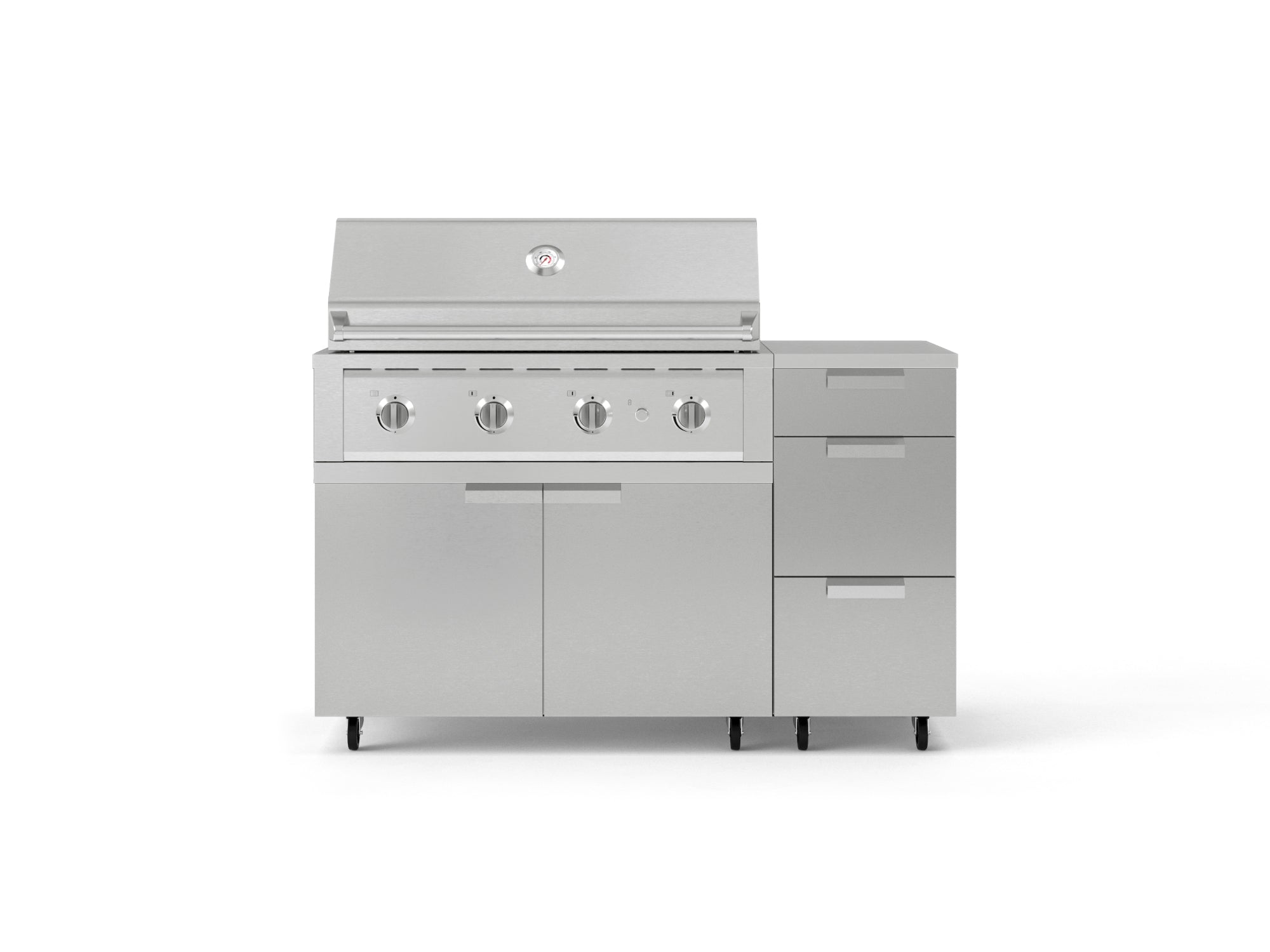 Outdoor Grill Island Stainless-Steel 4 Piece Cabinet Set with Casters and 3-Drawer, Grill Cabinet, Performance Grill, Countertop
