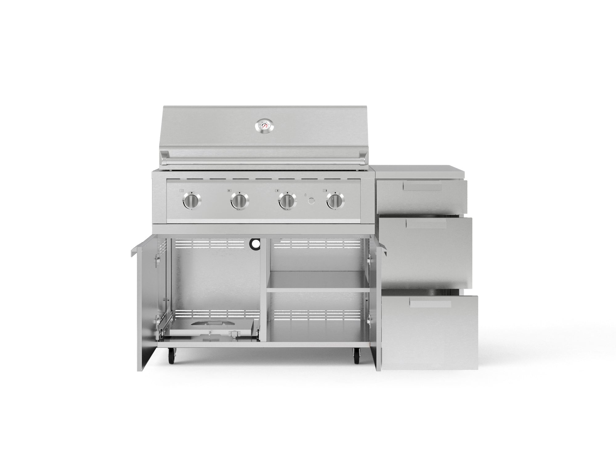 Outdoor Grill Island Stainless-Steel 4 Piece Cabinet Set with Casters and 3-Drawer, Grill Cabinet, Performance Grill, Countertop
