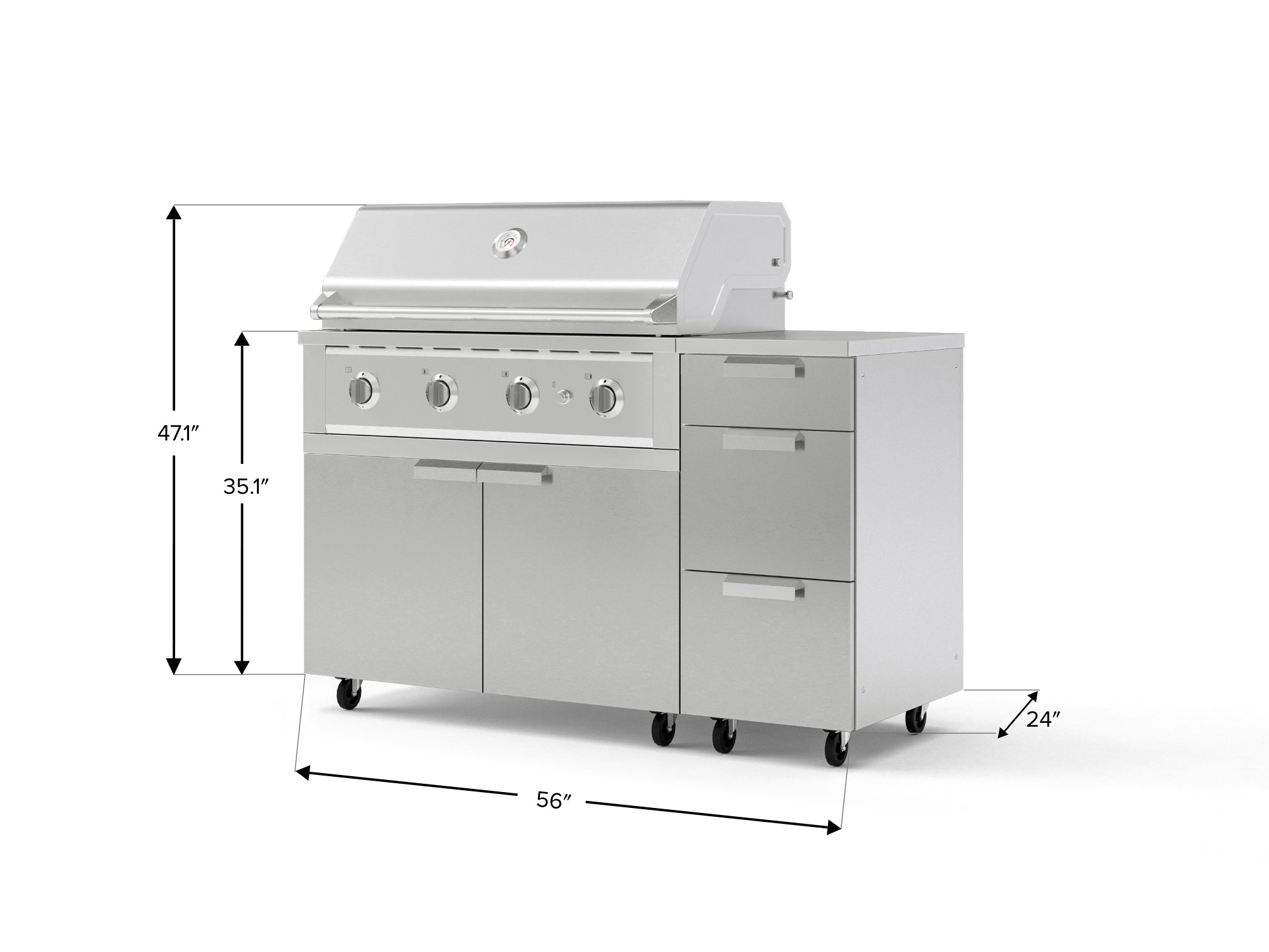 Outdoor Grill Island Stainless-Steel 4 Piece Cabinet Set with Casters and 3-Drawer, Grill Cabinet, Performance Grill, Countertop