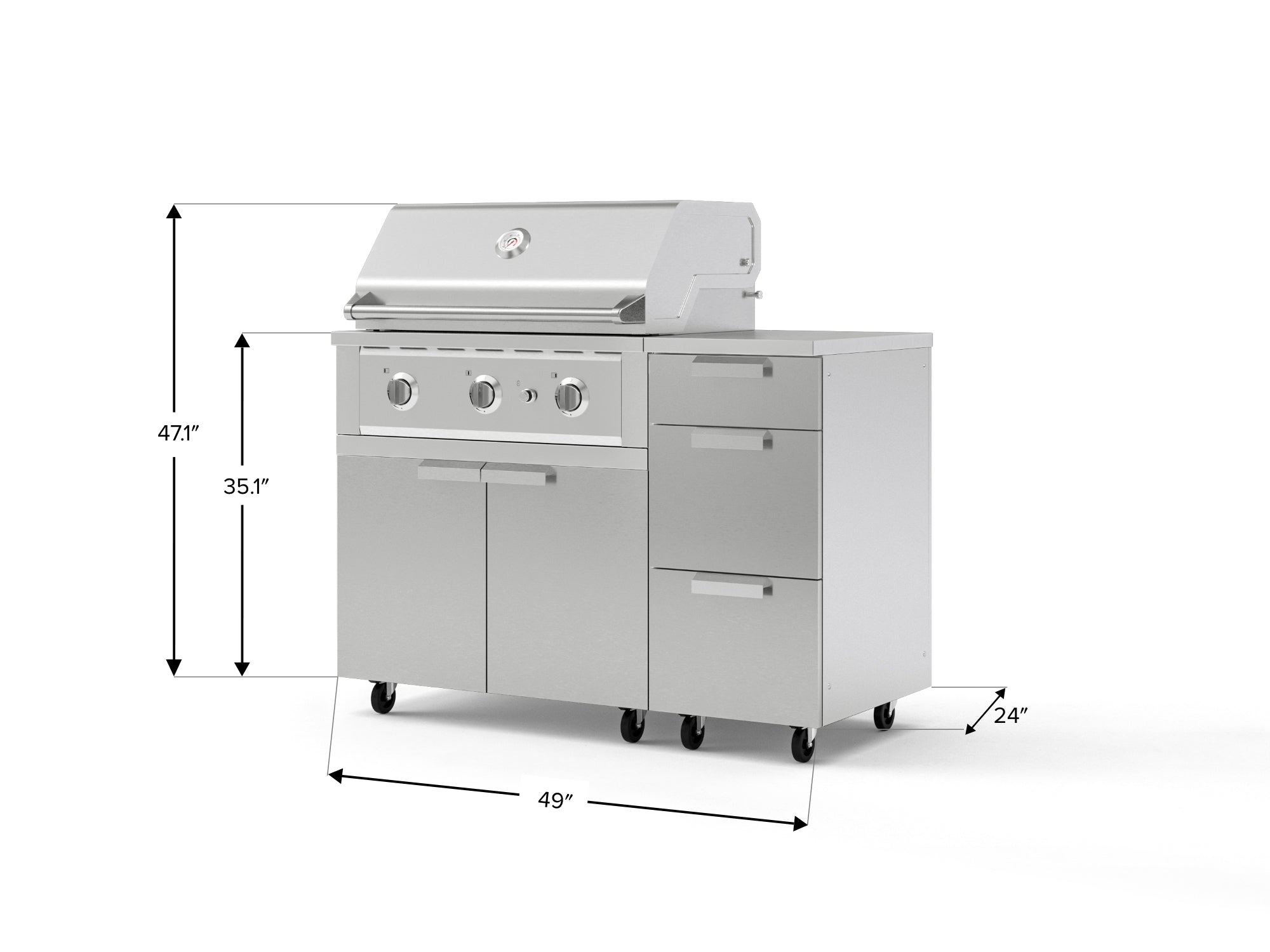 Outdoor Grill Island Stainless-Steel 4 Piece Cabinet Set with Casters and 3-Drawer, Grill Cabinet, Performance Grill, Countertop