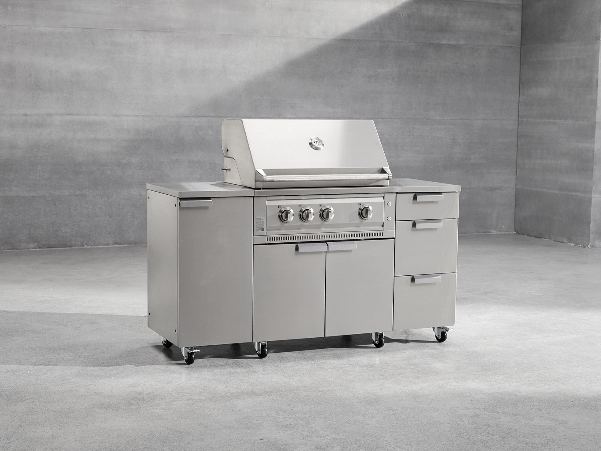 Outdoor Grill Island Stainless-Steel 4 Piece Cabinet Set with Casters and 3-Drawer, Grill Cabinet, Performance Grill, Countertop