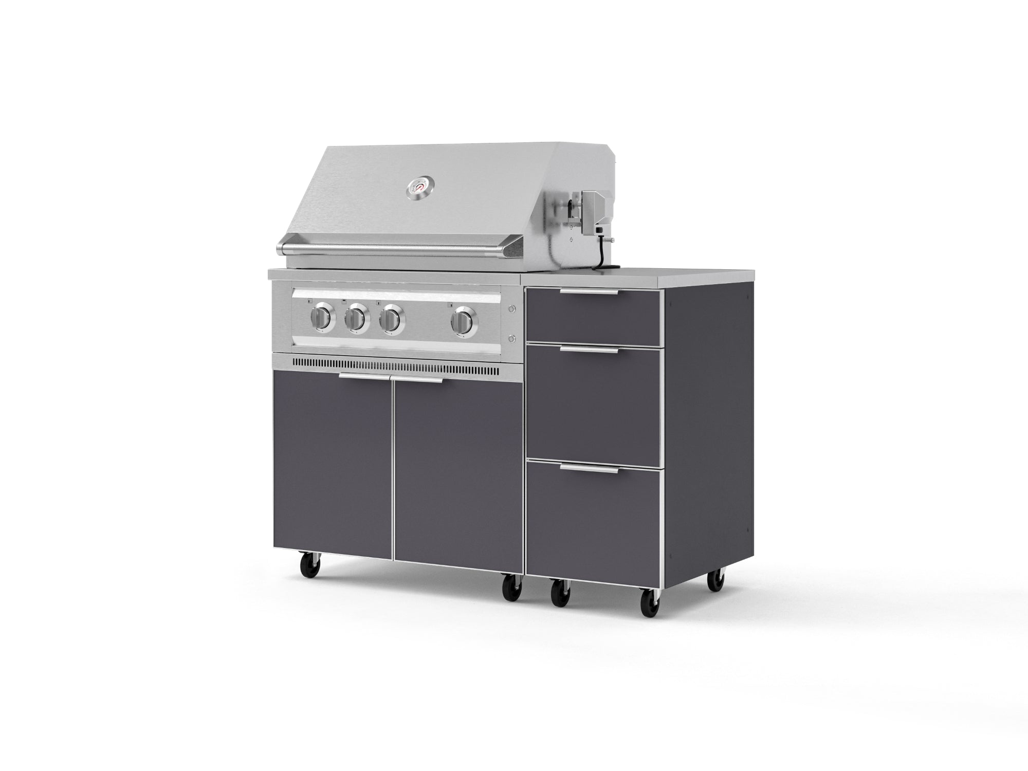 Outdoor Grill Island Aluminum 4 Piece Cabinet Set with Casters and 3-Drawer, Grill Cabinet, Platinum Grill, Countertop