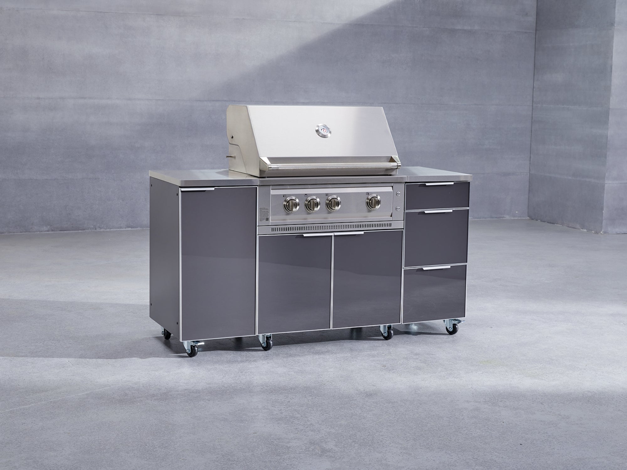 Outdoor Grill Island Aluminum 4 Piece Cabinet Set with Casters and 1 Door, Grill Cabinet, Performance Grill, Countertop