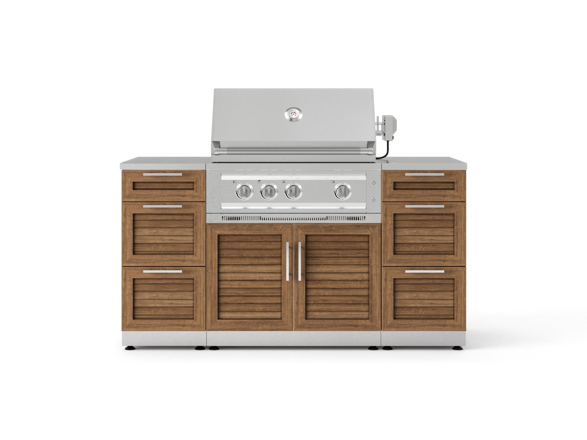 Outdoor Grill Island Stainless-Steel Louvered Doors 6 Piece Cabinet Set with 3 Drawers, Grill Cabinet, Platinum Grill and Countertops