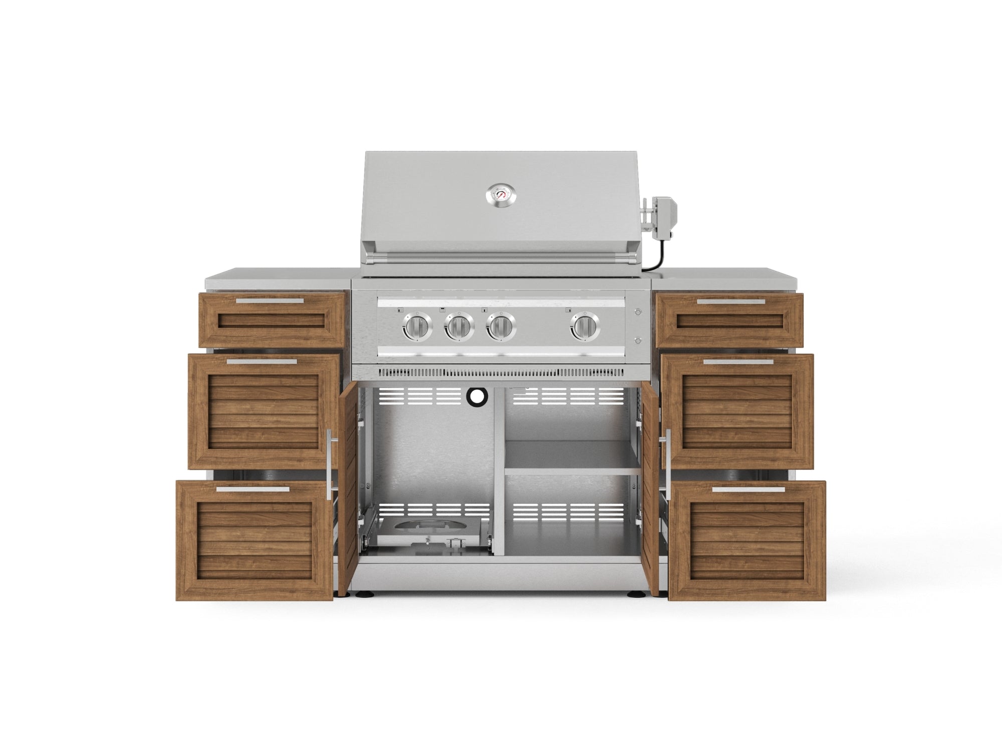 Outdoor Grill Island Stainless-Steel Louvered Doors 6 Piece Cabinet Set with 3 Drawers, Grill Cabinet, Platinum Grill and Countertops
