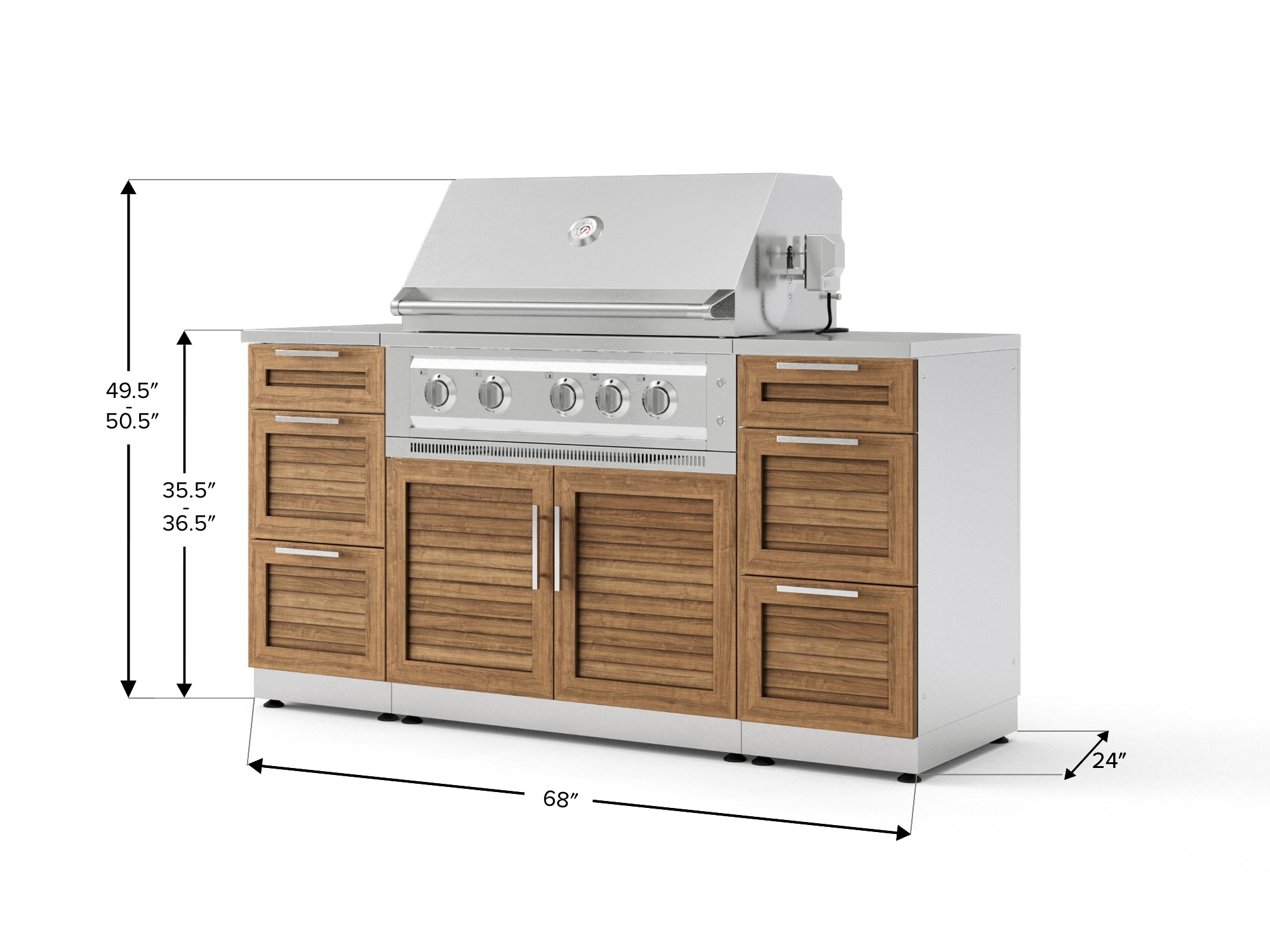 Outdoor Grill Island Stainless-Steel Louvered Doors 6 Piece Cabinet Set with 3 Drawers, Grill Cabinet, Platinum Grill and Countertops