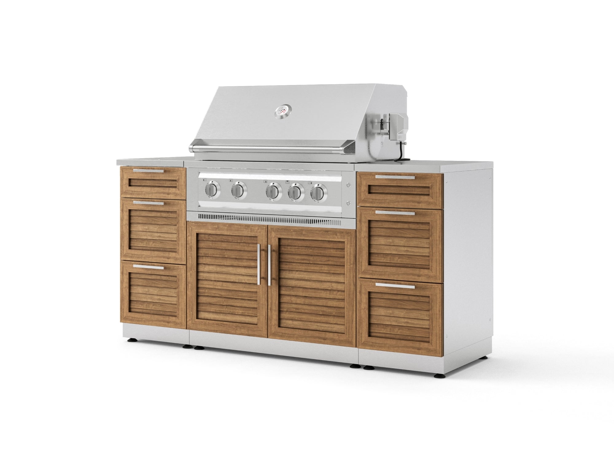 Outdoor Grill Island Stainless-Steel Louvered Doors 6 Piece Cabinet Set with 3 Drawers, Grill Cabinet, Platinum Grill and Countertops