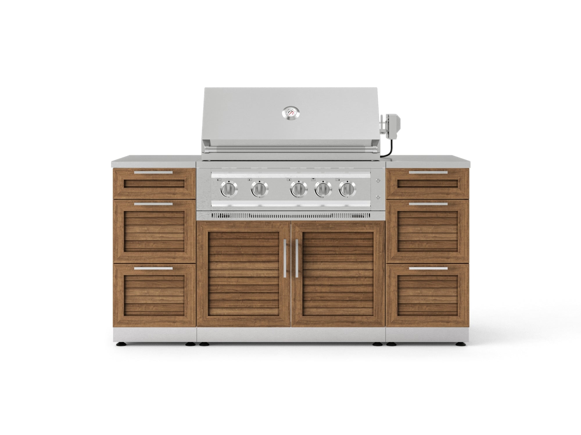 Outdoor Grill Island Stainless-Steel Louvered Doors 6 Piece Cabinet Set with 3 Drawers, Grill Cabinet, Platinum Grill and Countertops