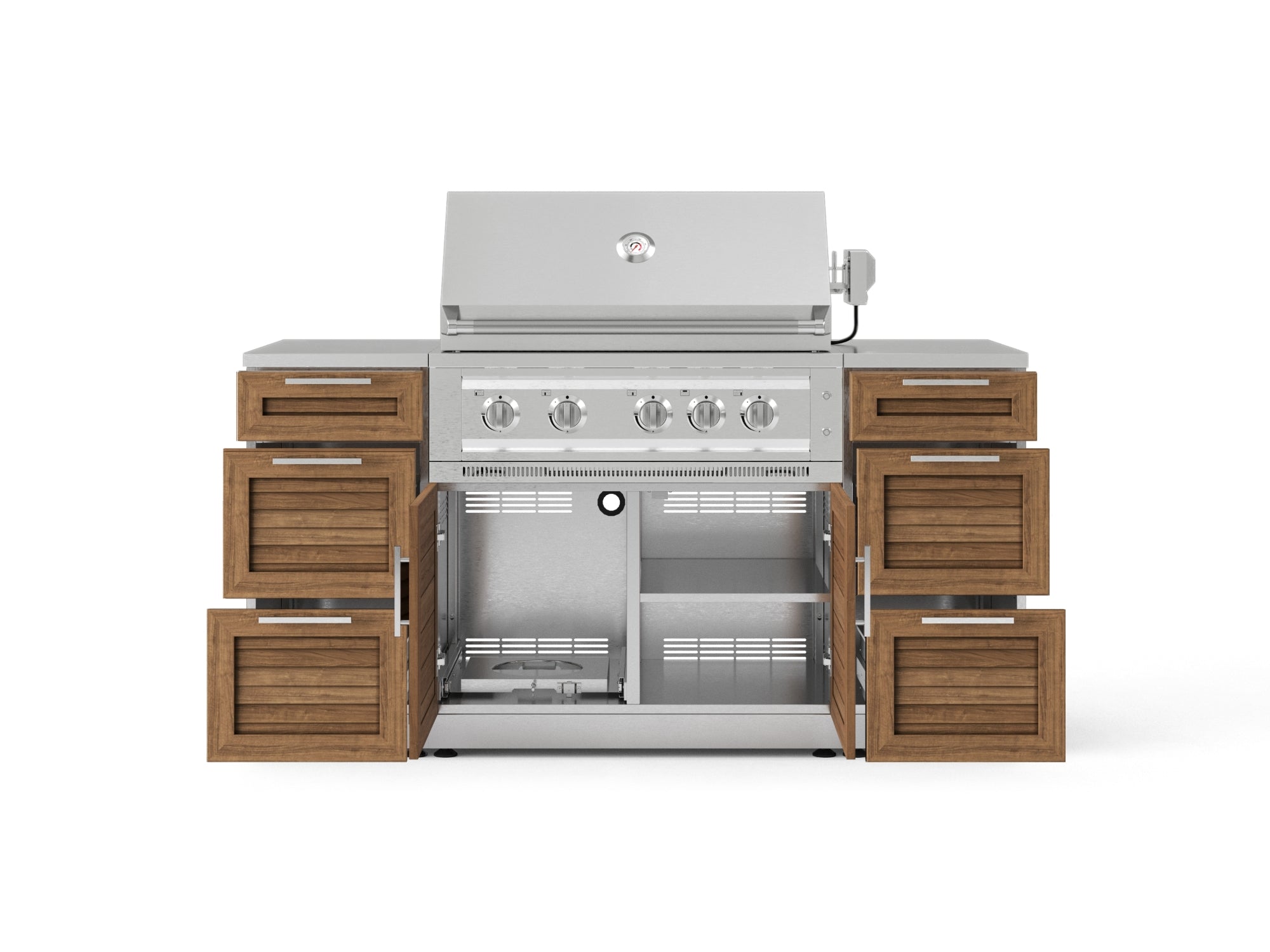 Outdoor Grill Island Stainless-Steel Louvered Doors 6 Piece Cabinet Set with 3 Drawers, Grill Cabinet, Platinum Grill and Countertops