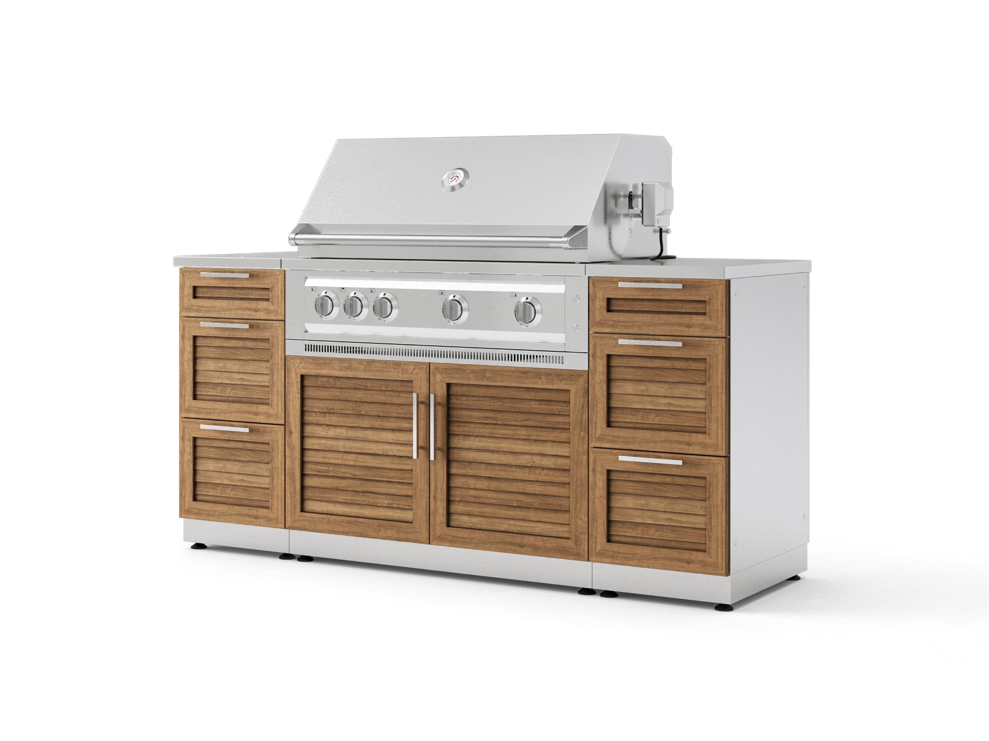 Outdoor Grill Island Stainless-Steel Louvered Doors 6 Piece Cabinet Set with 3 Drawers, Grill Cabinet, Platinum Grill and Countertops