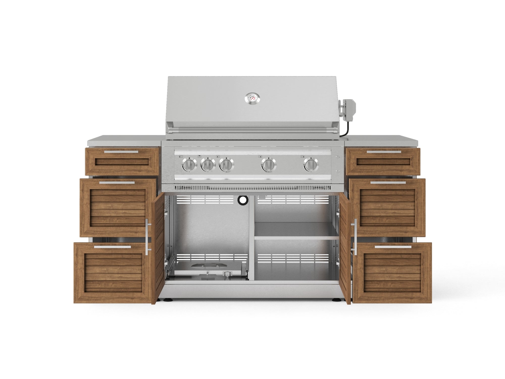Outdoor Grill Island Stainless-Steel Louvered Doors 6 Piece Cabinet Set with 3 Drawers, Grill Cabinet, Platinum Grill and Countertops
