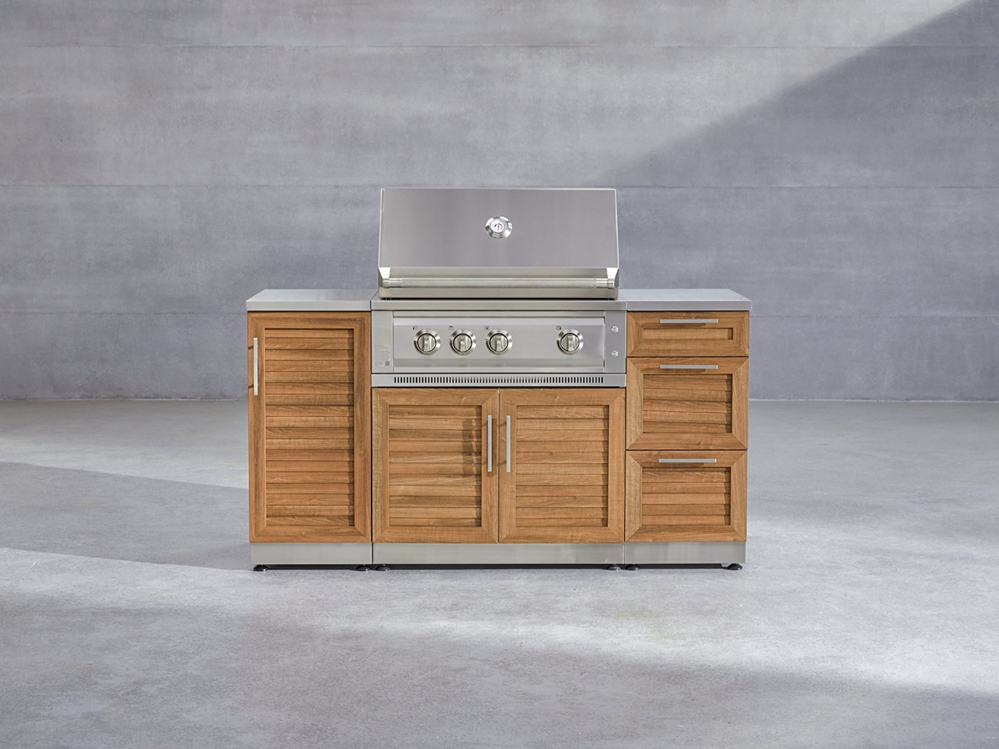 Outdoor Grill Island Stainless-Steel Louvered Doors 6 Piece Cabinet Set with 3 Drawers, Grill Cabinet, Platinum Grill and Countertops