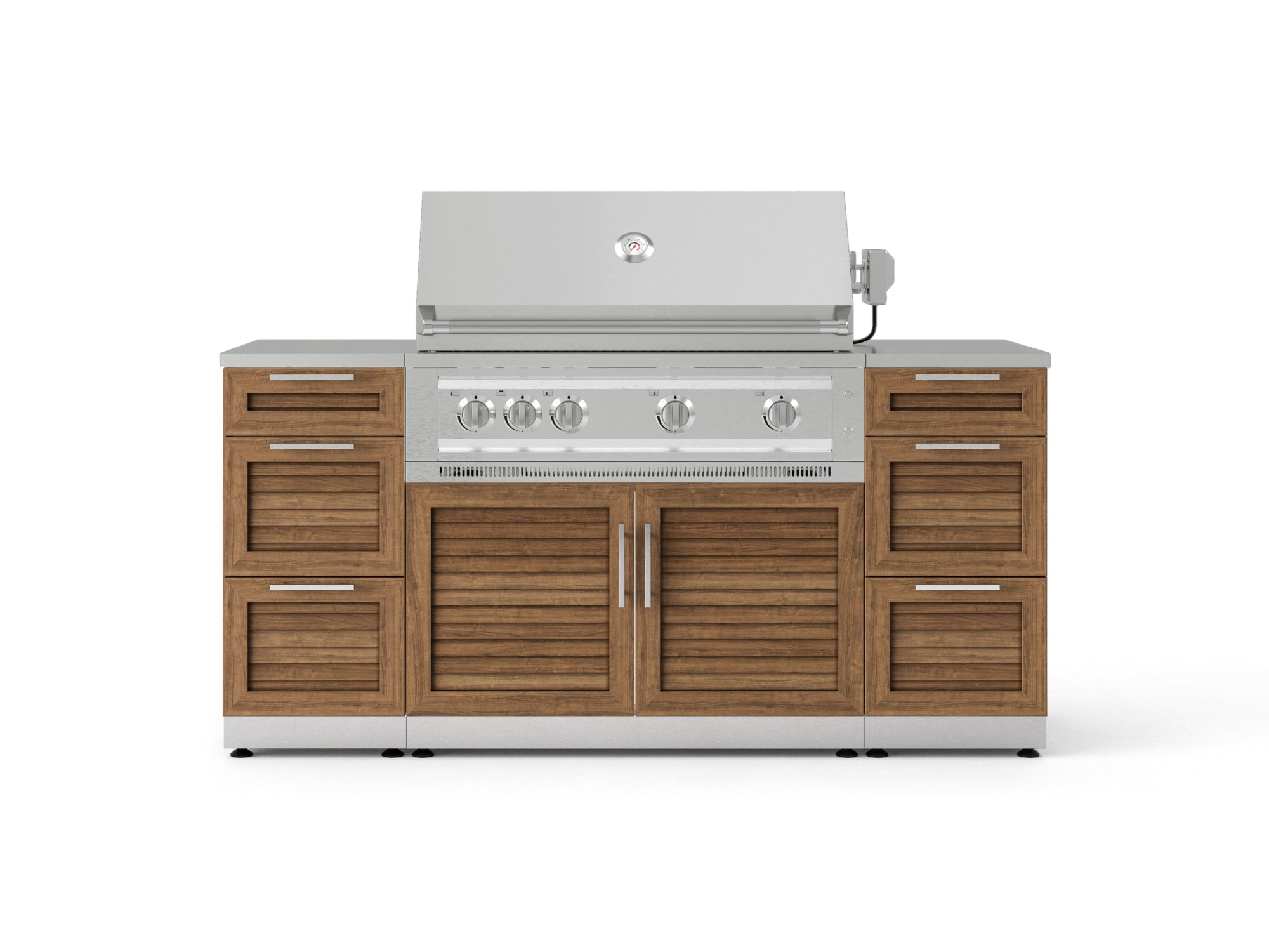 Outdoor Grill Island Stainless-Steel Louvered Doors 6 Piece Cabinet Set with 3 Drawers, Grill Cabinet, Platinum Grill and Countertops