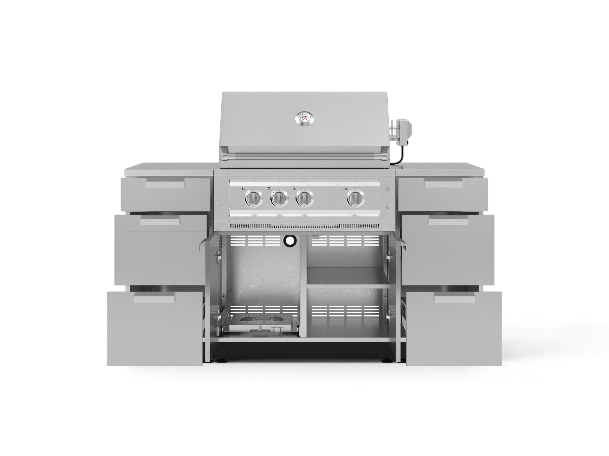 Outdoor Grill Island Stainless-Steel 6 Piece Cabinet Set with 3 Drawers, Grill Cabinet, Platinum Grill and Countertops