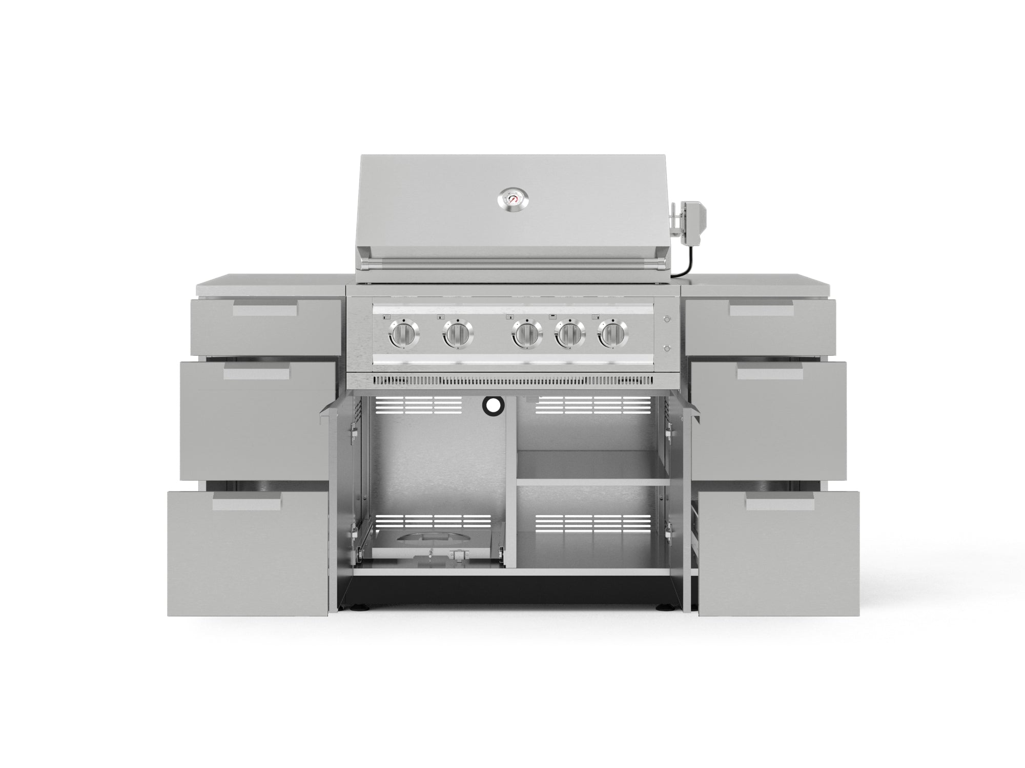 Outdoor Grill Island Stainless-Steel 6 Piece Cabinet Set with 3 Drawers, Grill Cabinet, Platinum Grill and Countertops