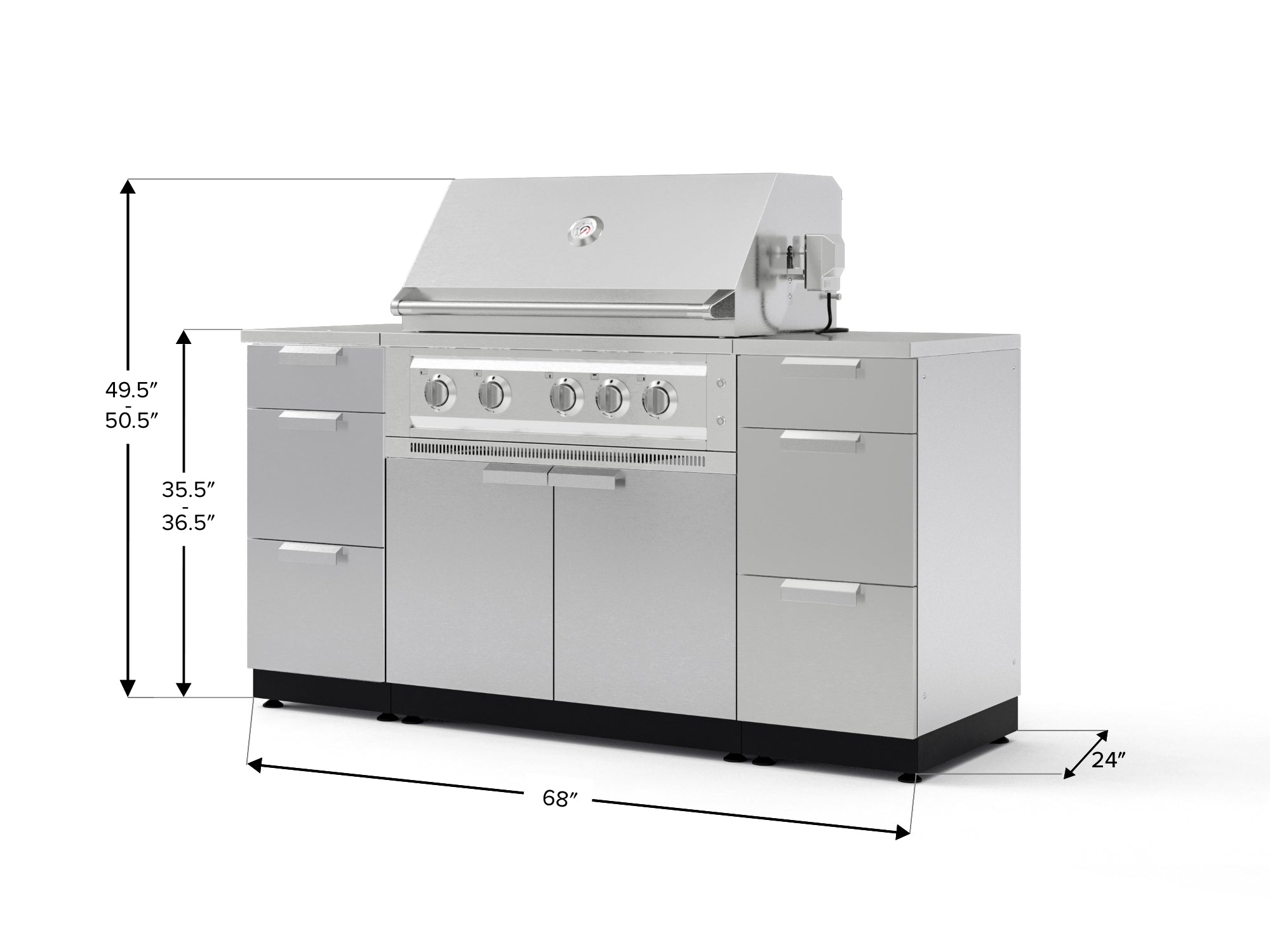 Outdoor Grill Island Stainless-Steel 6 Piece Cabinet Set with 3 Drawers, Grill Cabinet, Platinum Grill and Countertops