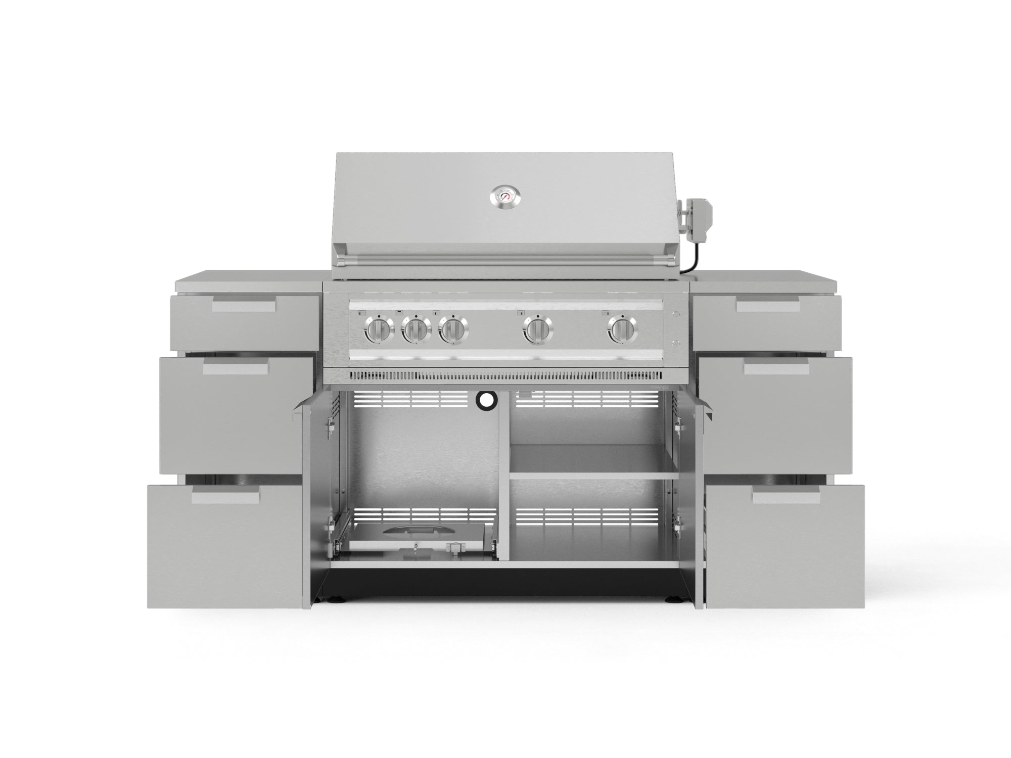 Outdoor Grill Island Stainless-Steel 6 Piece Cabinet Set with 3 Drawers, Grill Cabinet, Platinum Grill and Countertops