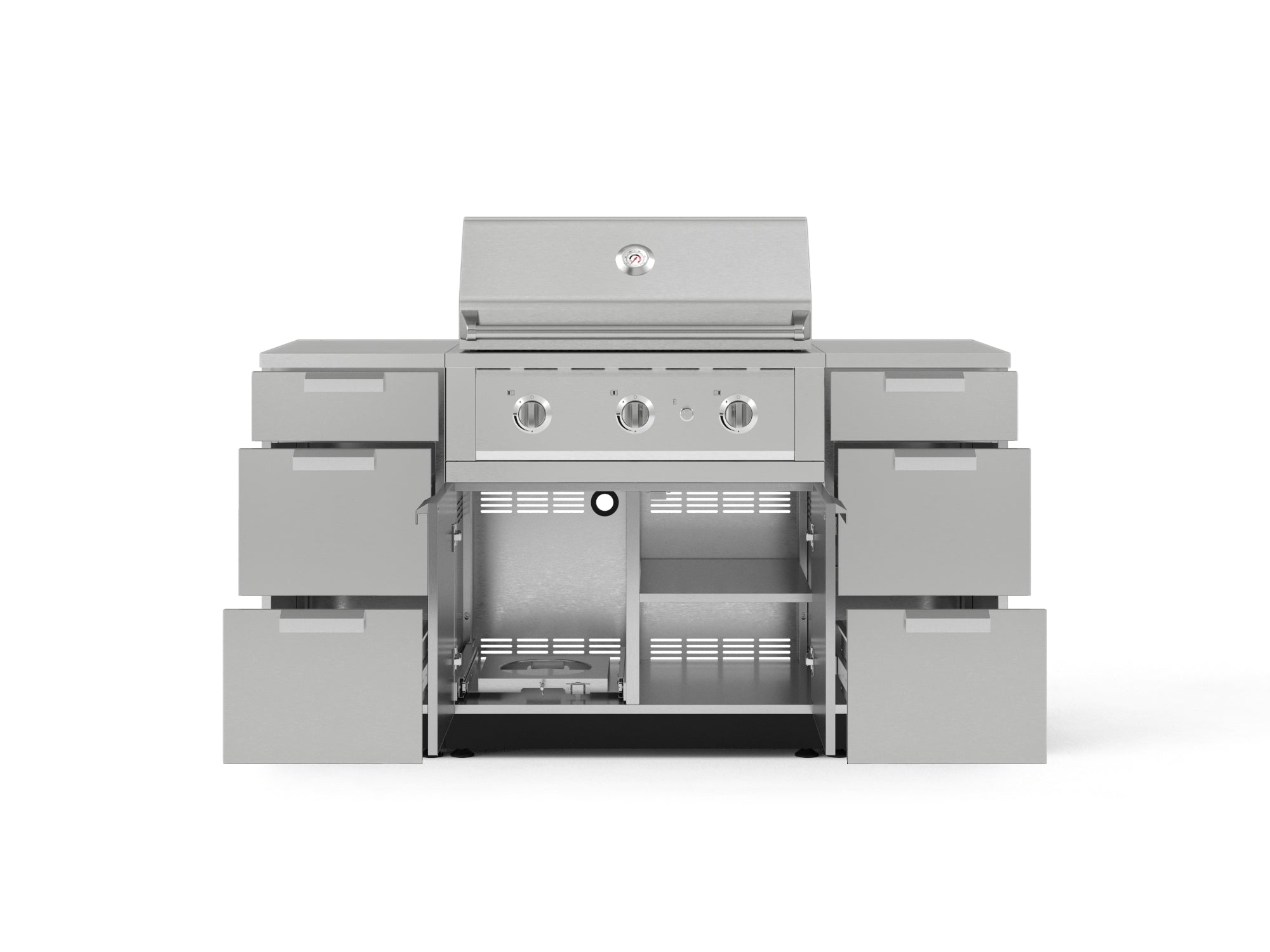 Outdoor Grill Island Stainless-Steel 6 Piece Cabinet Set with 3 Drawers, Grill Cabinet, Performance Grill and Countertops