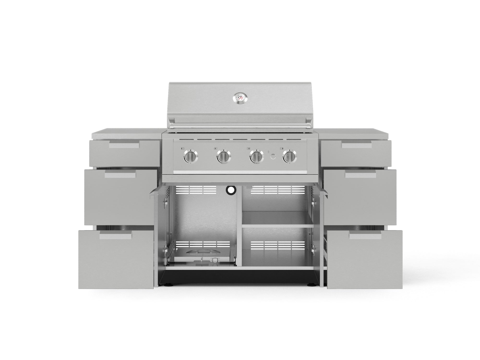 Outdoor Grill Island Stainless-Steel 6 Piece Cabinet Set with 3 Drawers, Grill Cabinet, Performance Grill and Countertops