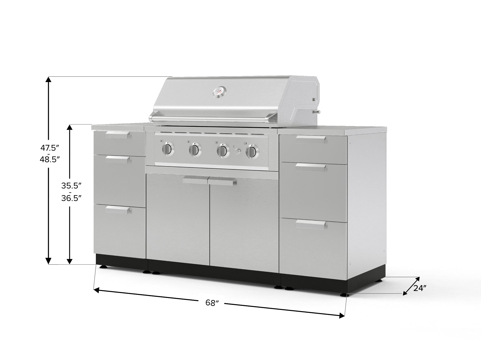 Outdoor Grill Island Stainless-Steel 6 Piece Cabinet Set with 3 Drawers, Grill Cabinet, Performance Grill and Countertops