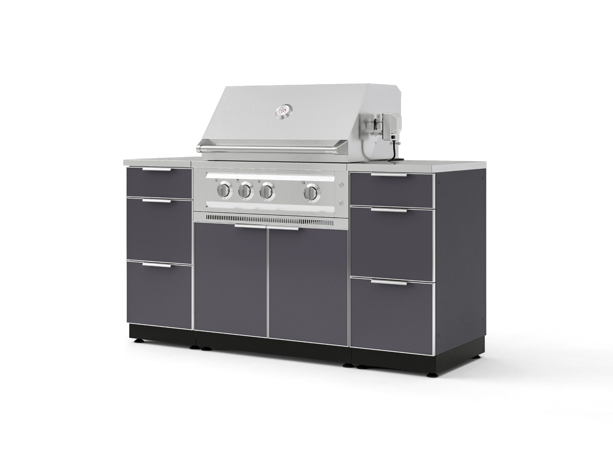 Outdoor Grill Island Aluminum 6 Piece Cabinet Set with 3 Drawers, Grill Cabinet, Platinum Grill and Countertops