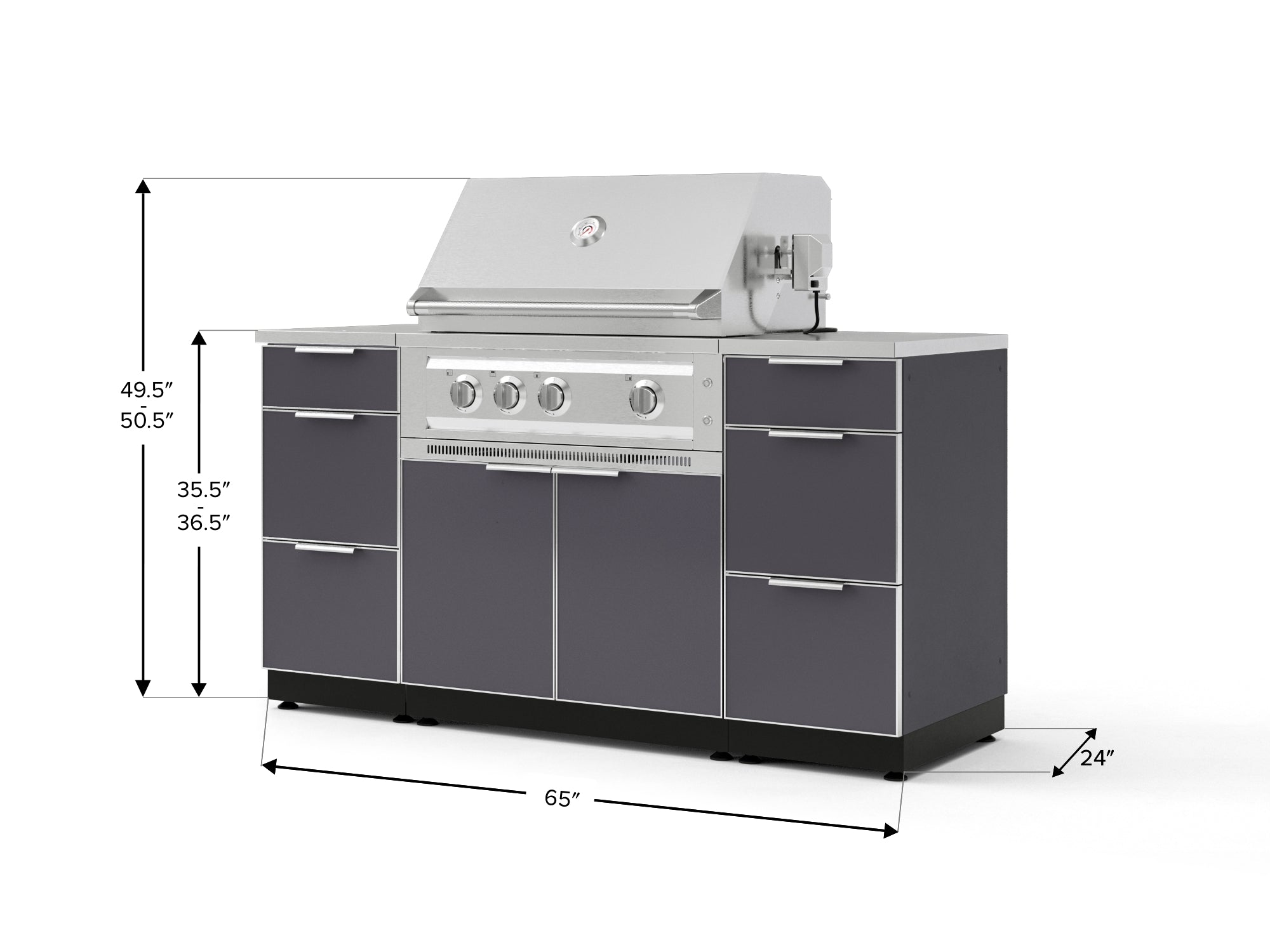 Outdoor Grill Island Aluminum 6 Piece Cabinet Set with 3 Drawers, Grill Cabinet, Platinum Grill and Countertops