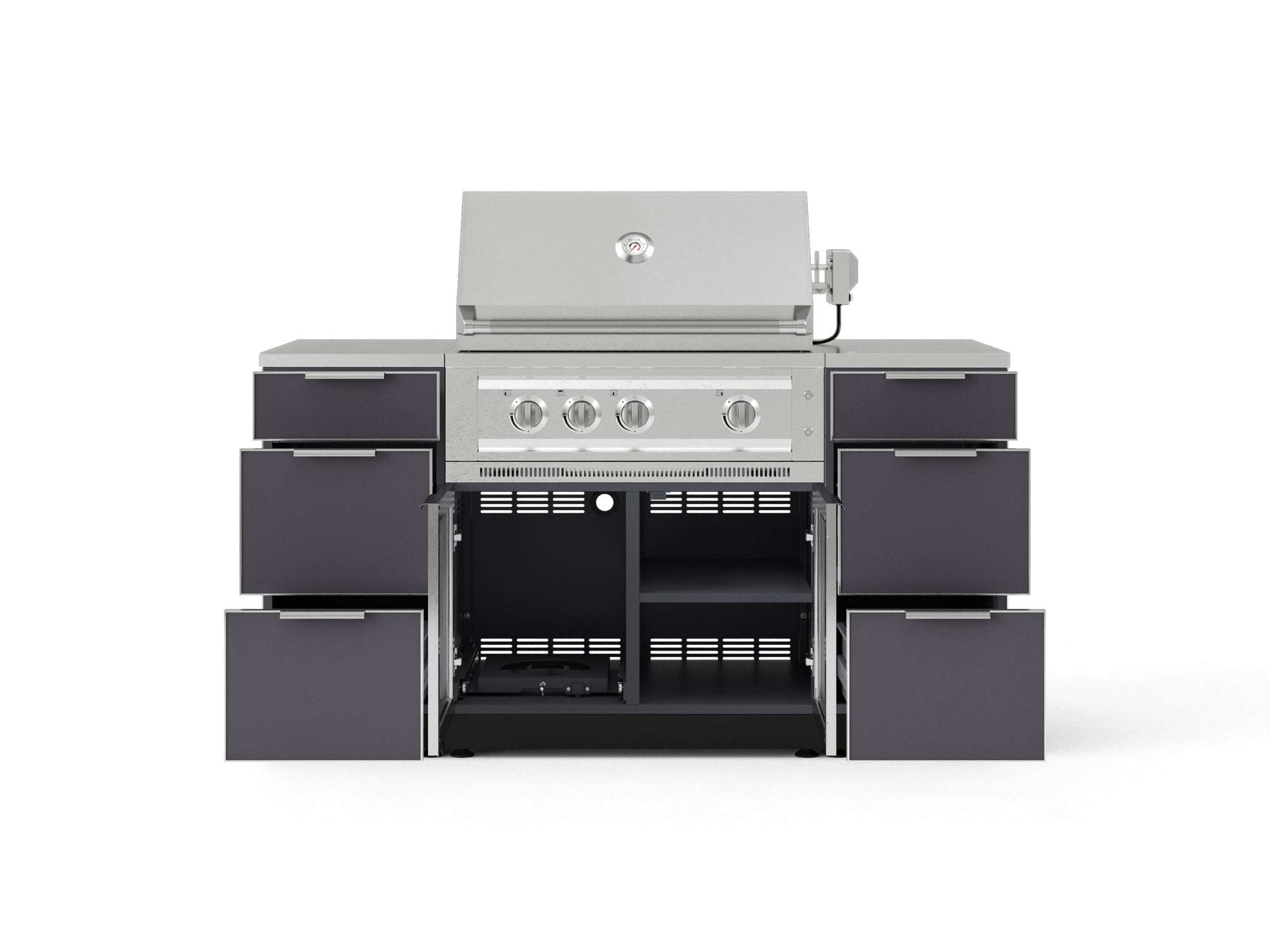 Outdoor Grill Island Aluminum 6 Piece Cabinet Set with 3 Drawers, Grill Cabinet, Platinum Grill and Countertops